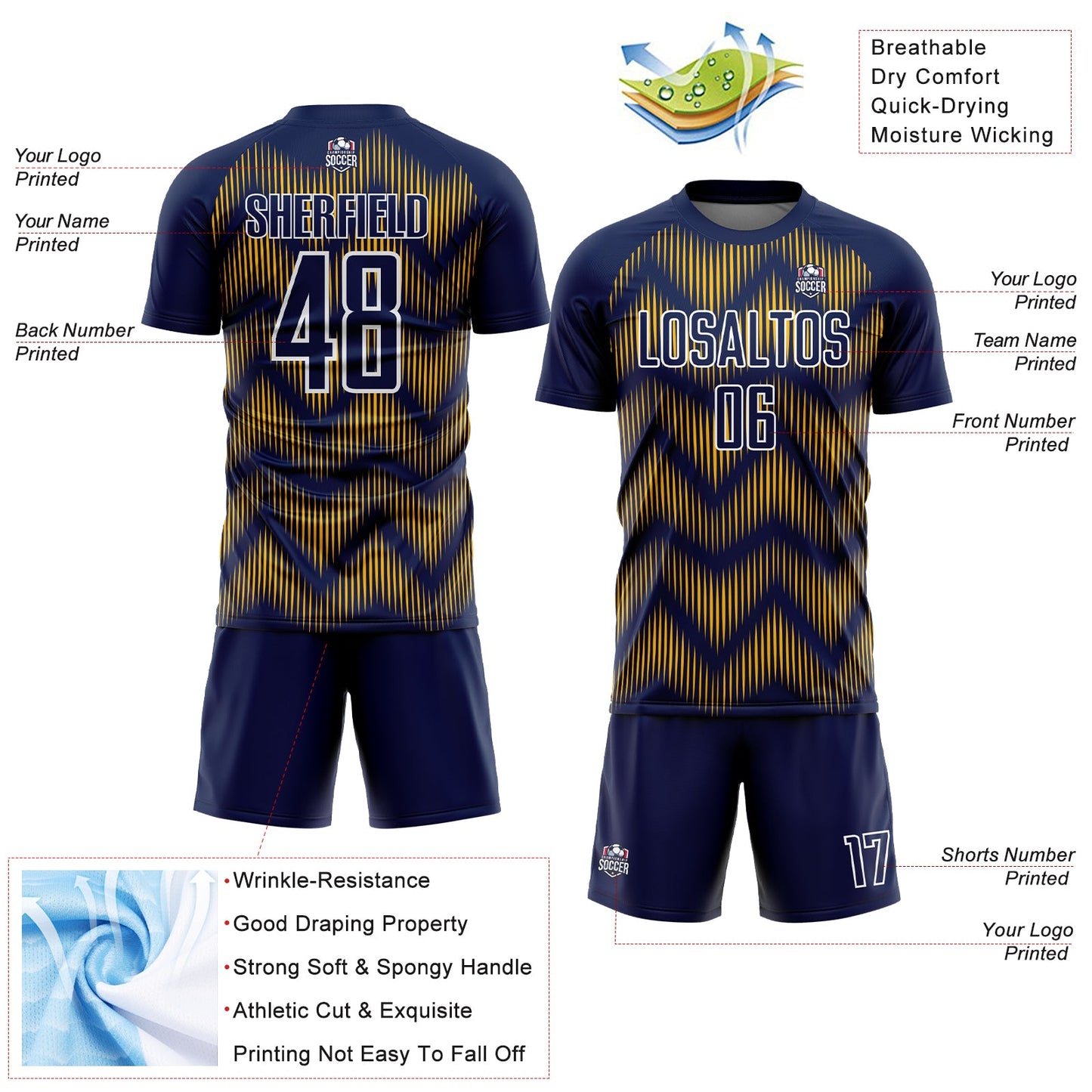 Custom Navy Gold-White Line Sublimation Soccer Uniform Jersey view 4
