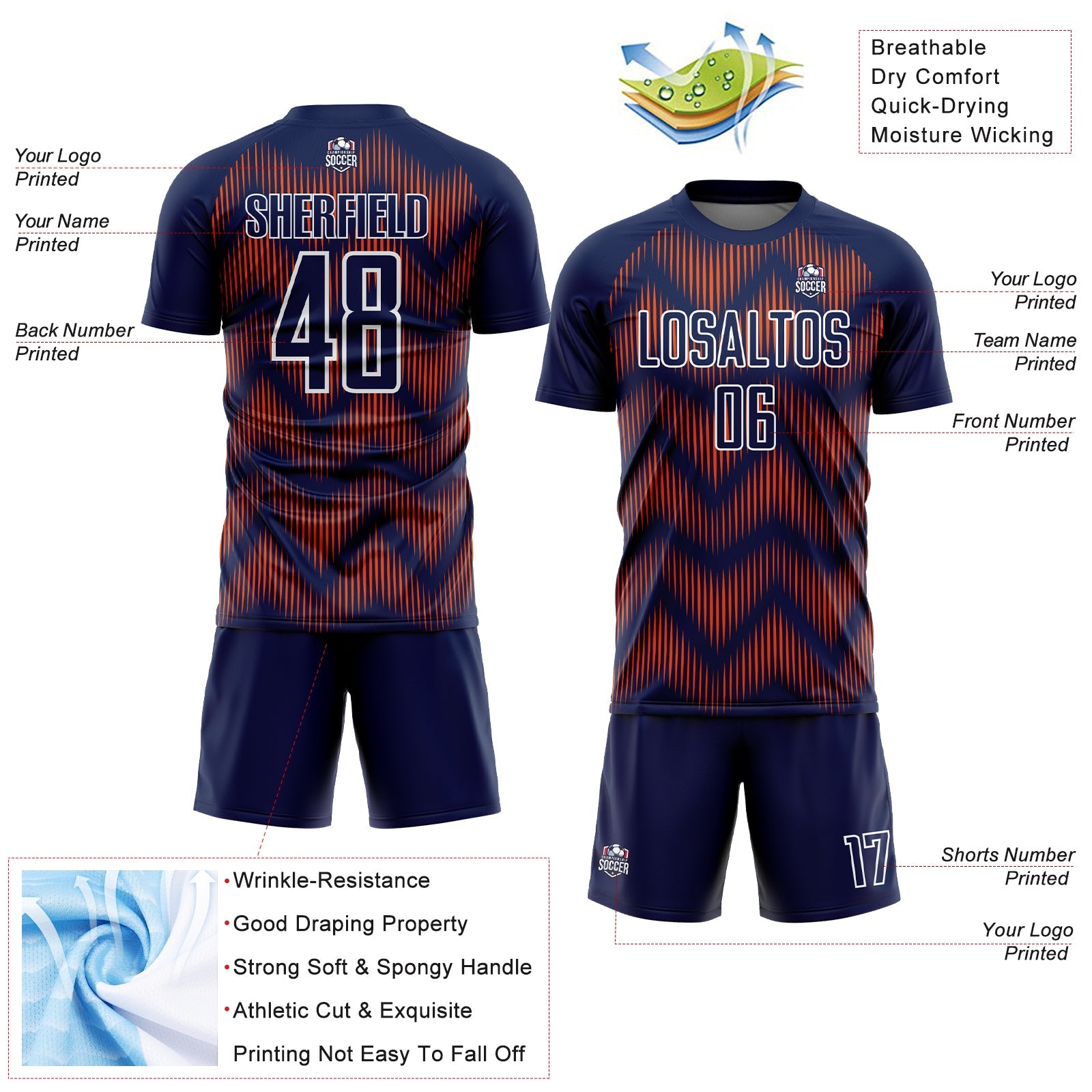 Custom Navy Orange-White Line Sublimation Soccer Uniform Jersey view 4