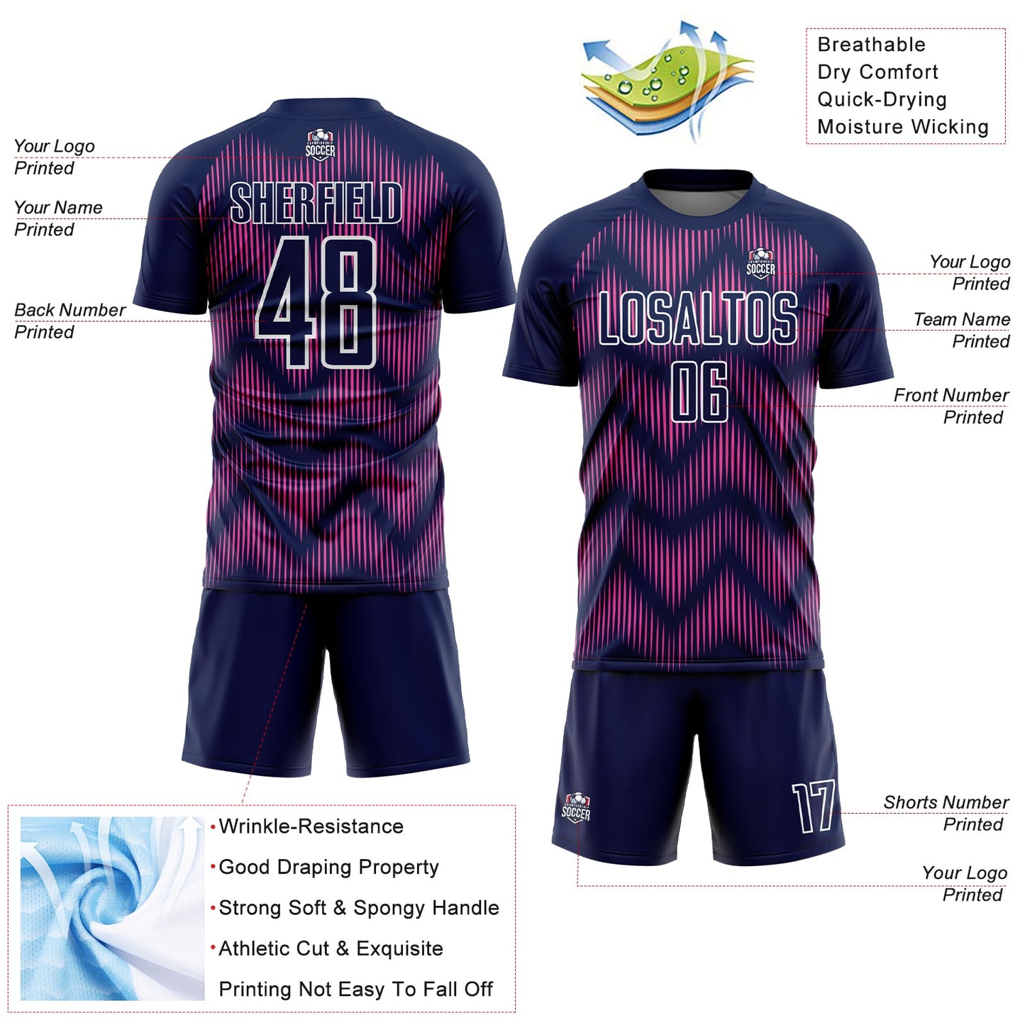 Custom Navy Pink-White Line Sublimation Soccer Uniform Jersey view 4