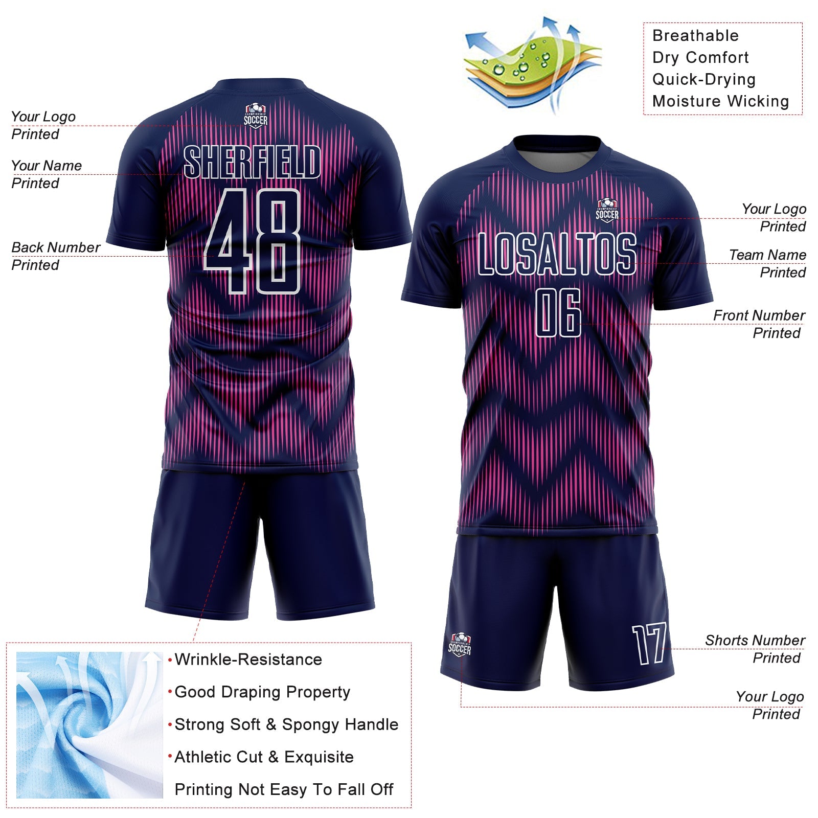 Custom Navy Pink-White Line Sublimation Soccer Uniform Jersey view 4