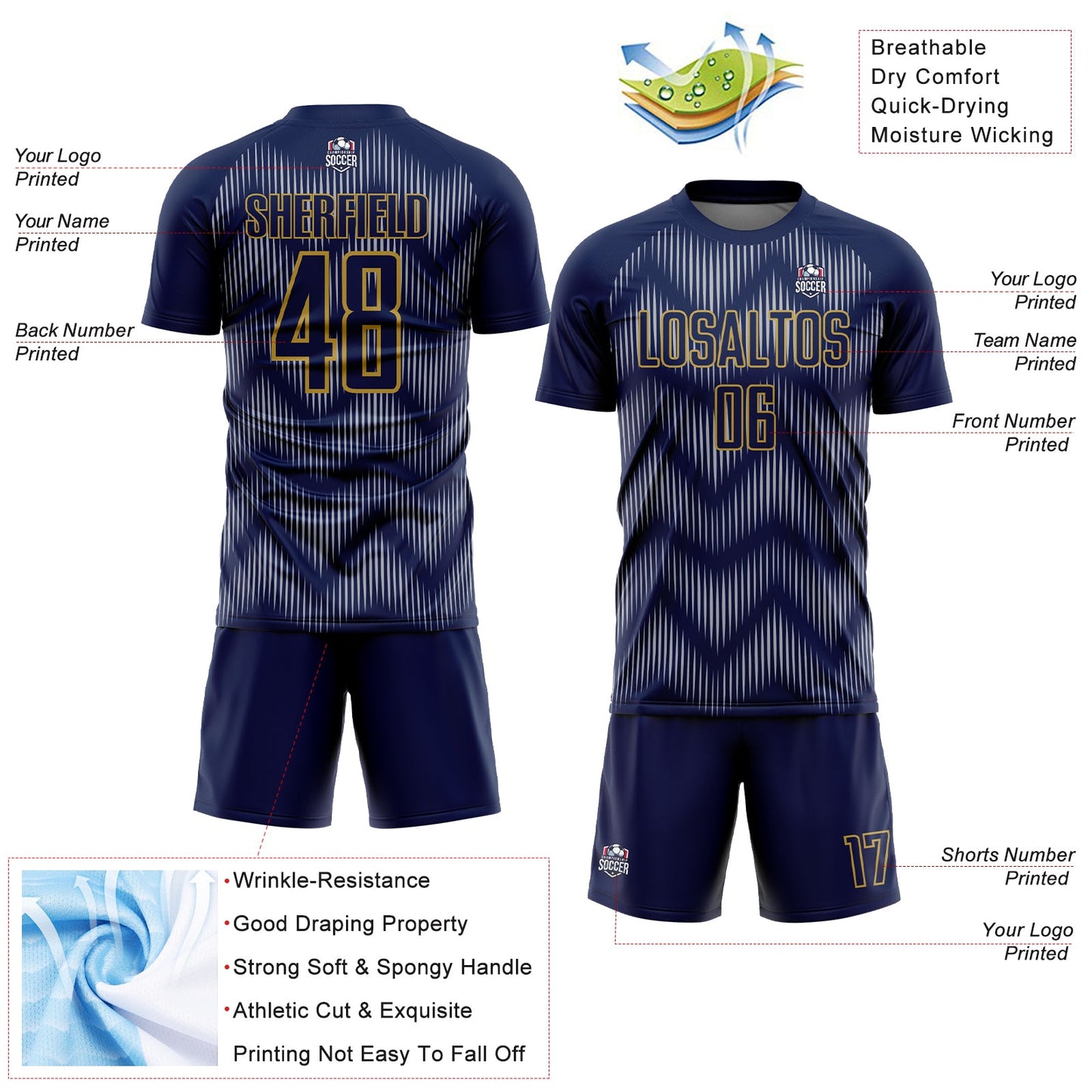 Custom Navy Gray-Old Gold Line Sublimation Soccer Uniform Jersey view 4
