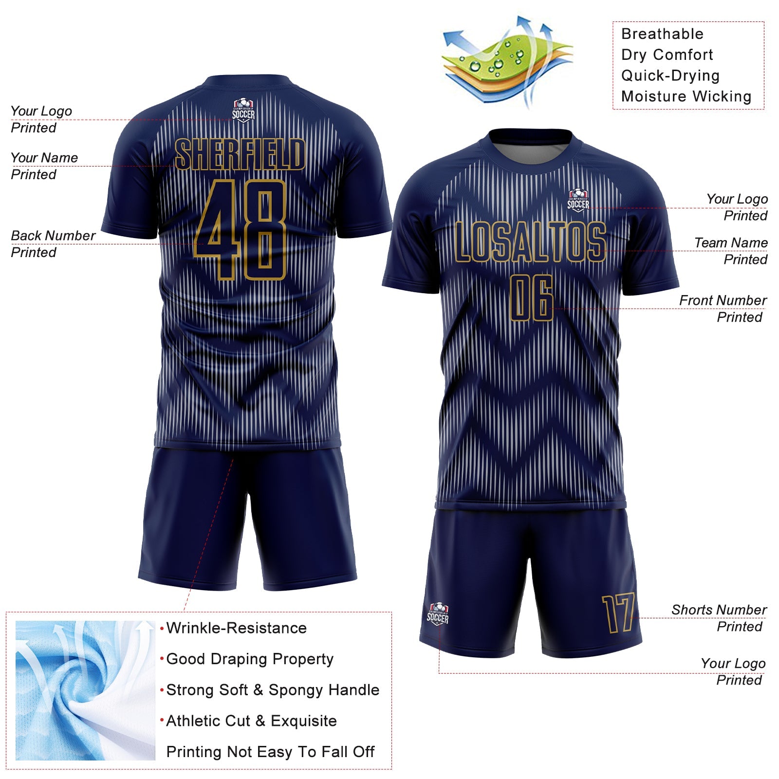 Custom Navy Gray-Old Gold Line Sublimation Soccer Uniform Jersey view 4