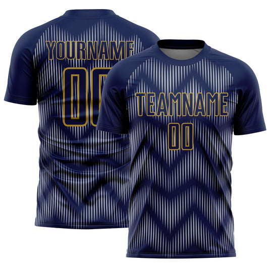 Custom Navy Gray-Old Gold Line Sublimation Soccer Uniform Jersey - Main View