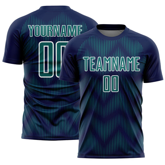 Custom Navy Teal-White Line Sublimation Soccer Uniform Jersey - Main View