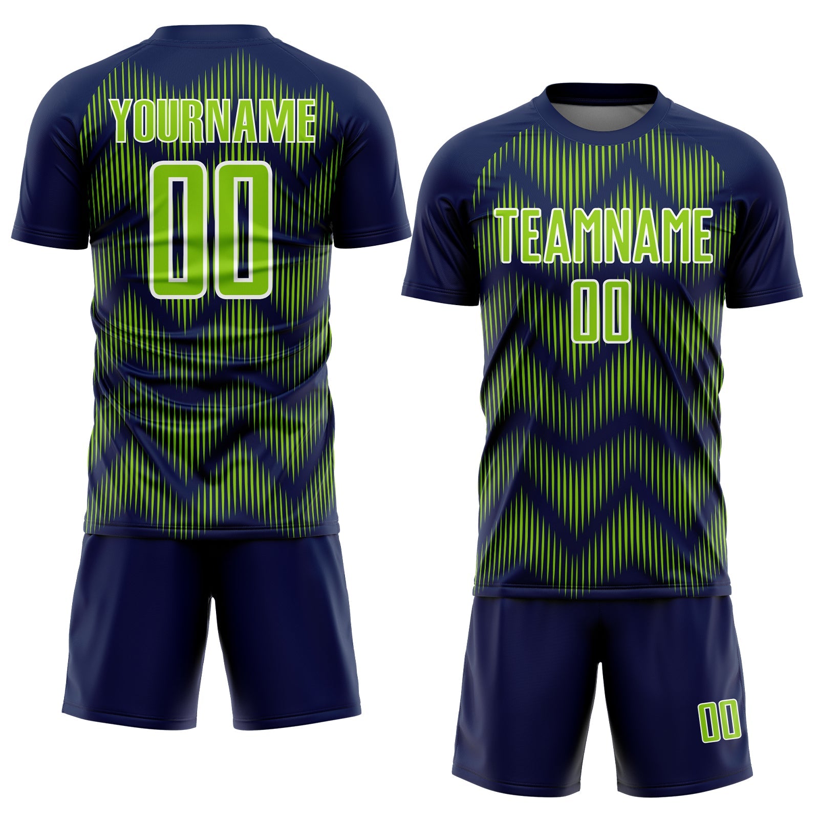 Custom Navy Neon Green-White Line Sublimation Soccer Uniform Jersey view 2