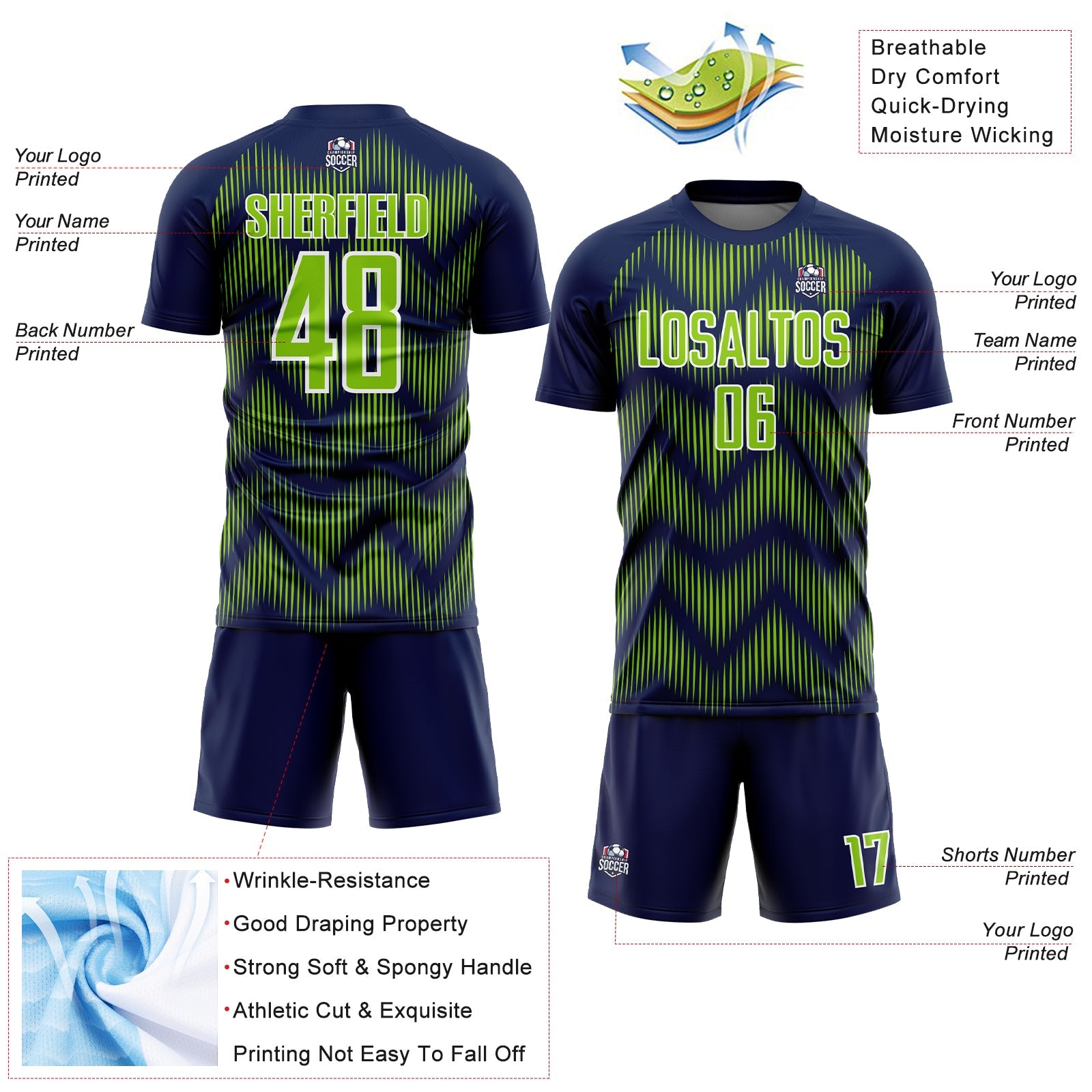Custom Navy Neon Green-White Line Sublimation Soccer Uniform Jersey view 4