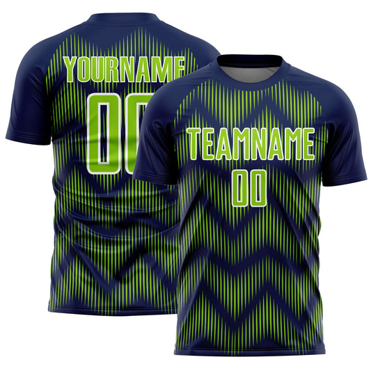 Custom Navy Neon Green-White Line Sublimation Soccer Uniform Jersey - Main View