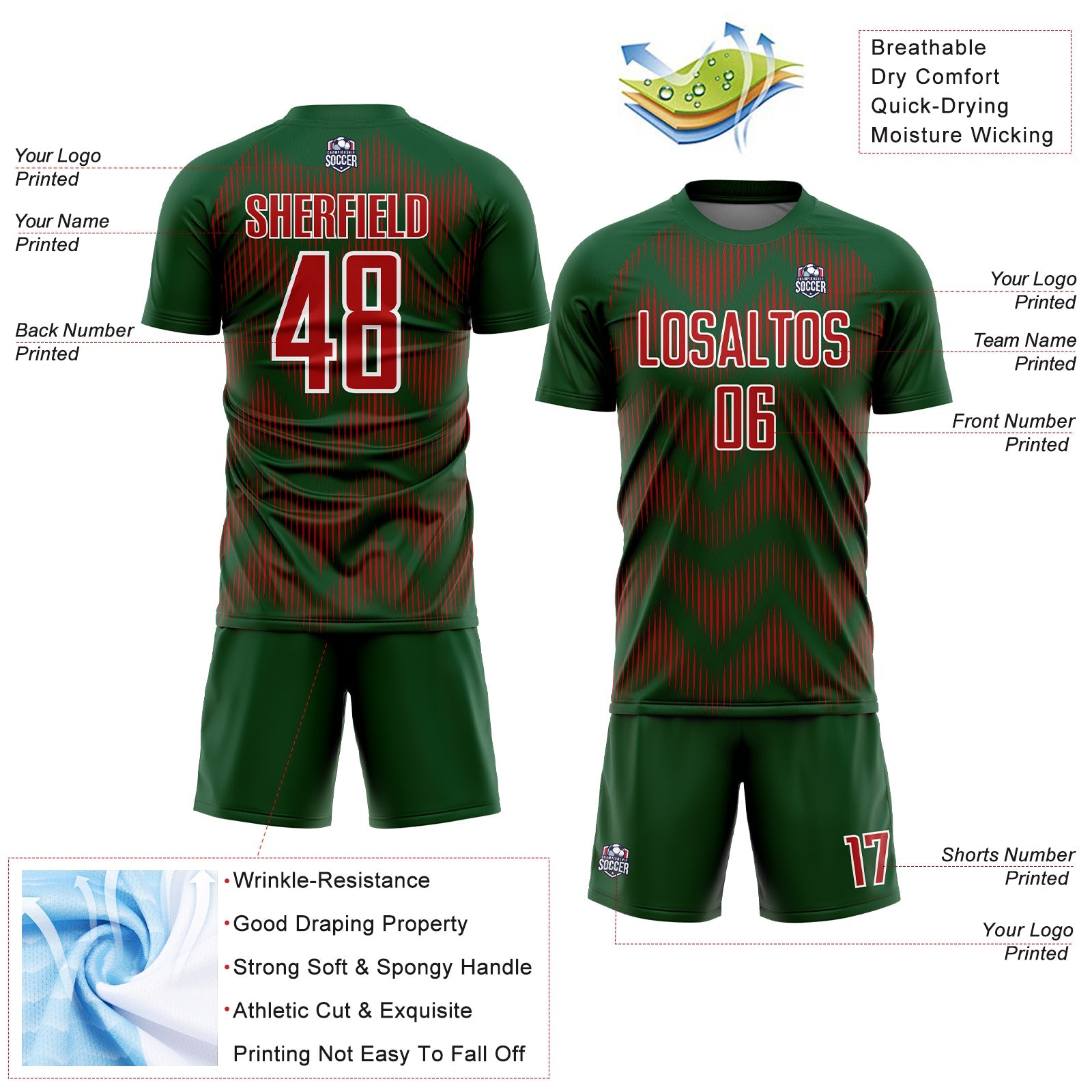 Custom Green Red-White Line Sublimation Soccer Uniform Jersey view 4