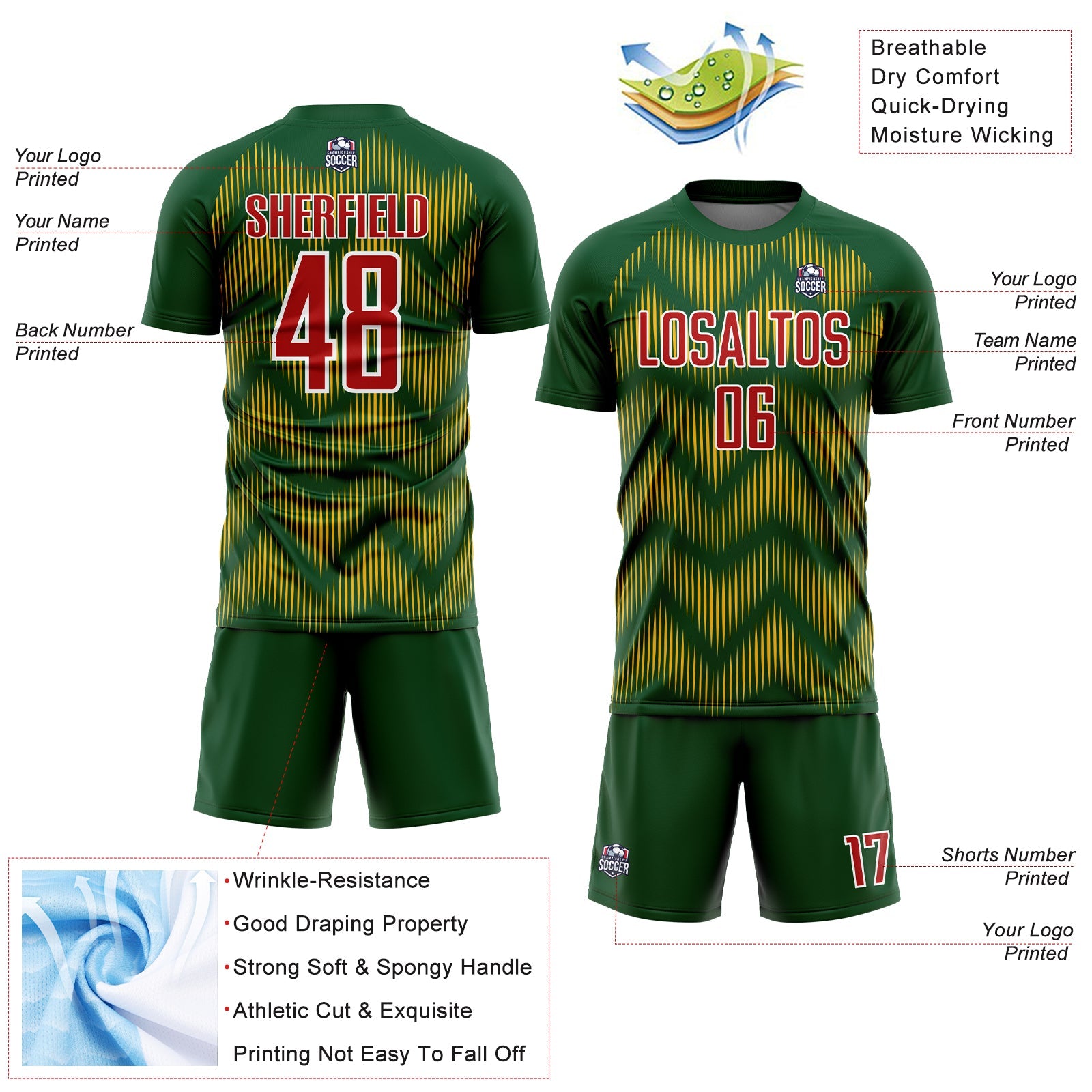 Custom Green Red-Gold Line Sublimation Soccer Uniform Jersey view 4