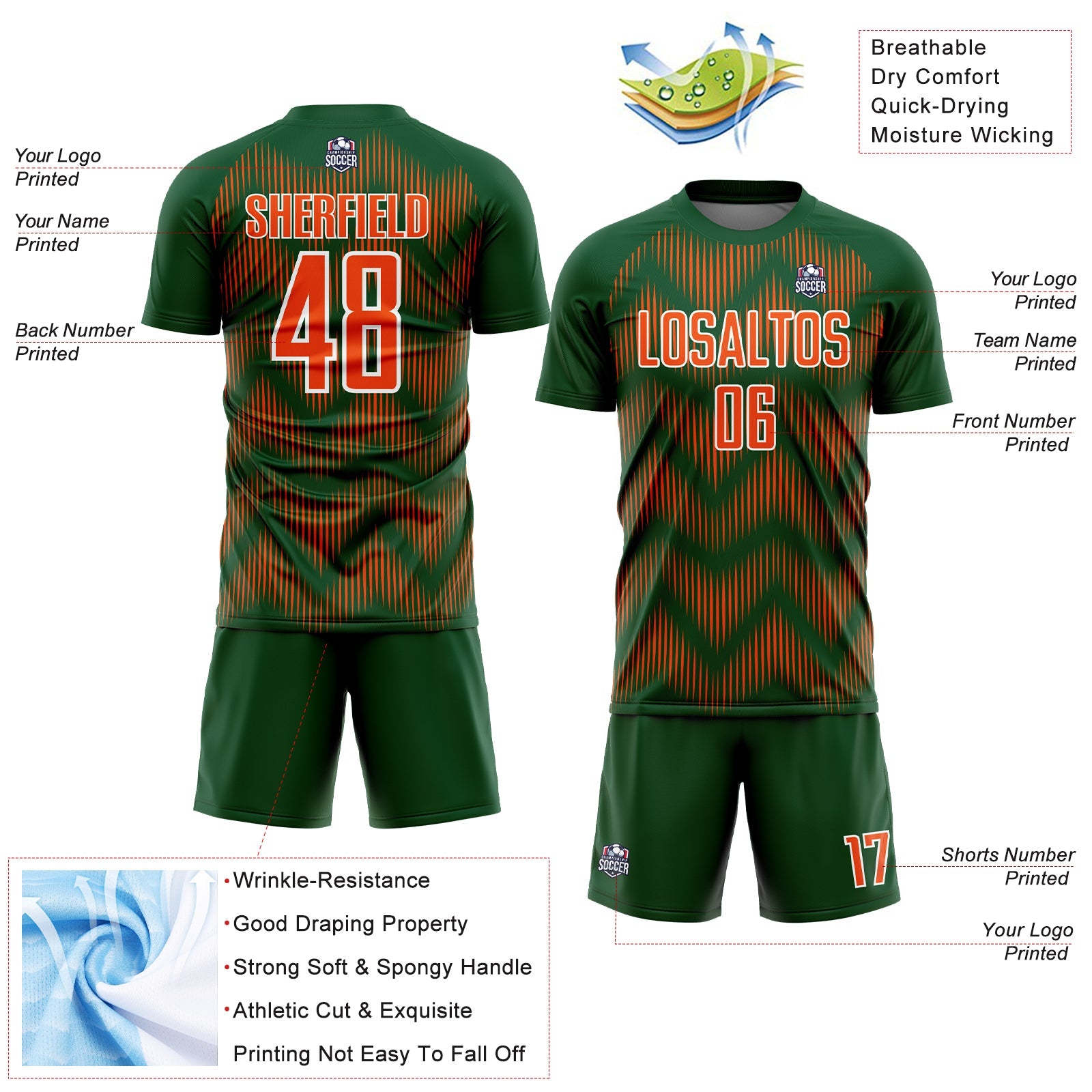 Custom Green Orange-White Line Sublimation Soccer Uniform Jersey view 4