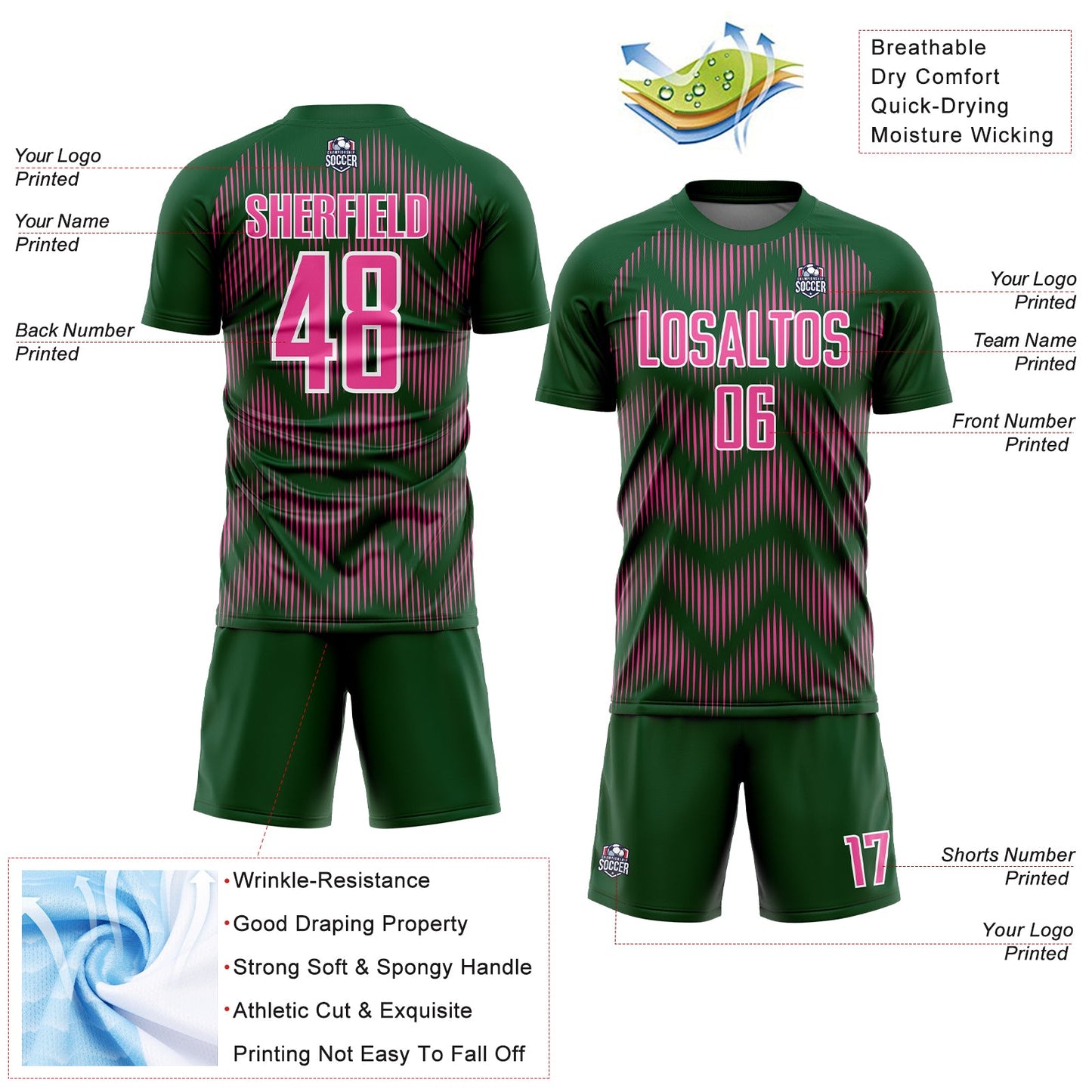 Custom Green Pink-White Line Sublimation Soccer Uniform Jersey view 4