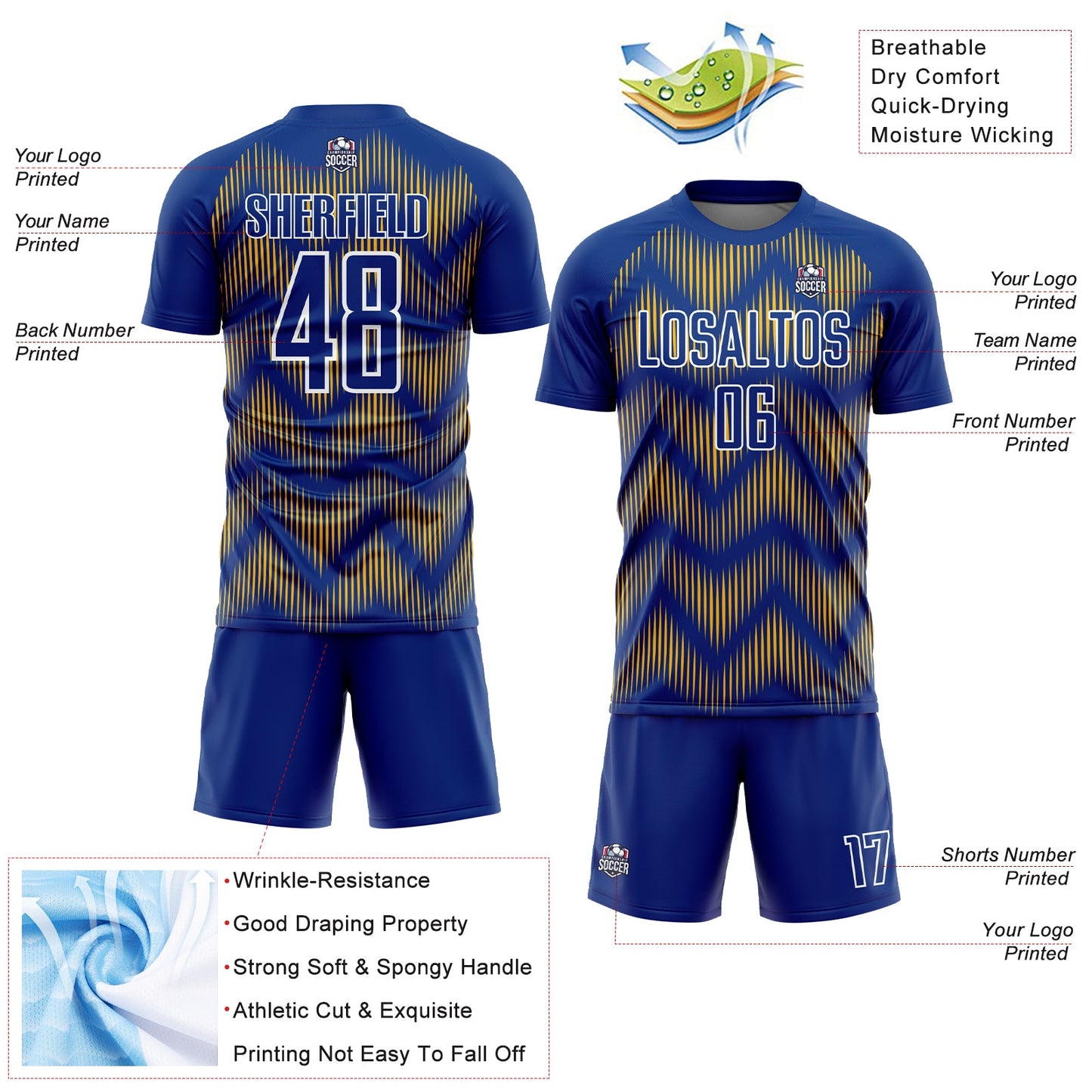 Custom Royal Gold-White Line Sublimation Soccer Uniform Jersey view 4