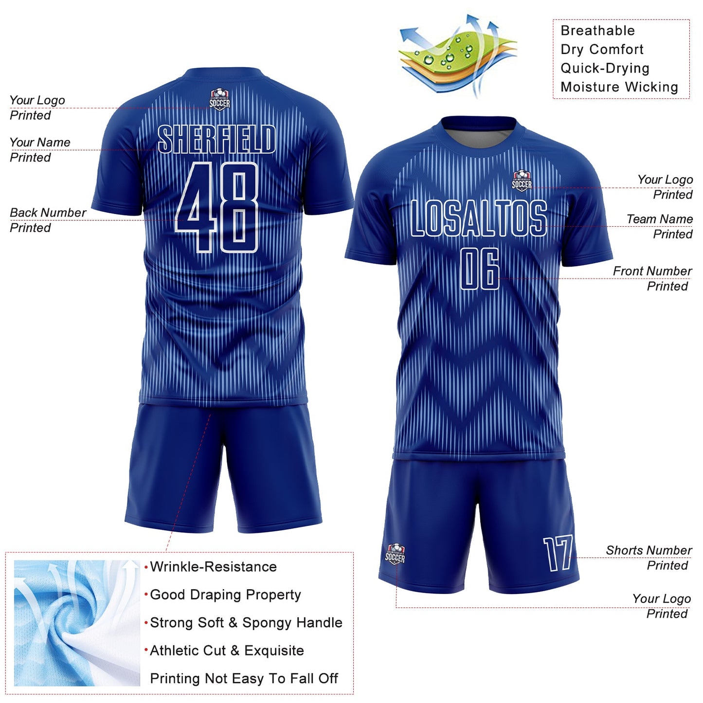 Custom Royal Light Blue-White Line Sublimation Soccer Uniform Jersey view 4