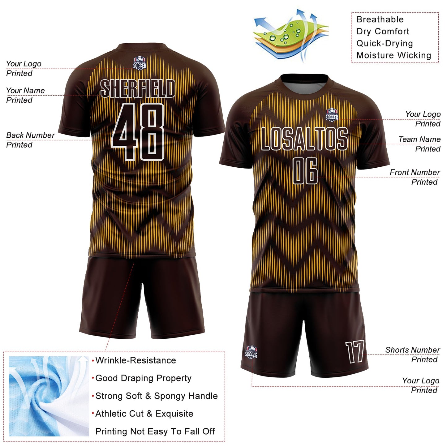 Custom Brown Gold-White Line Sublimation Soccer Uniform Jersey view 4