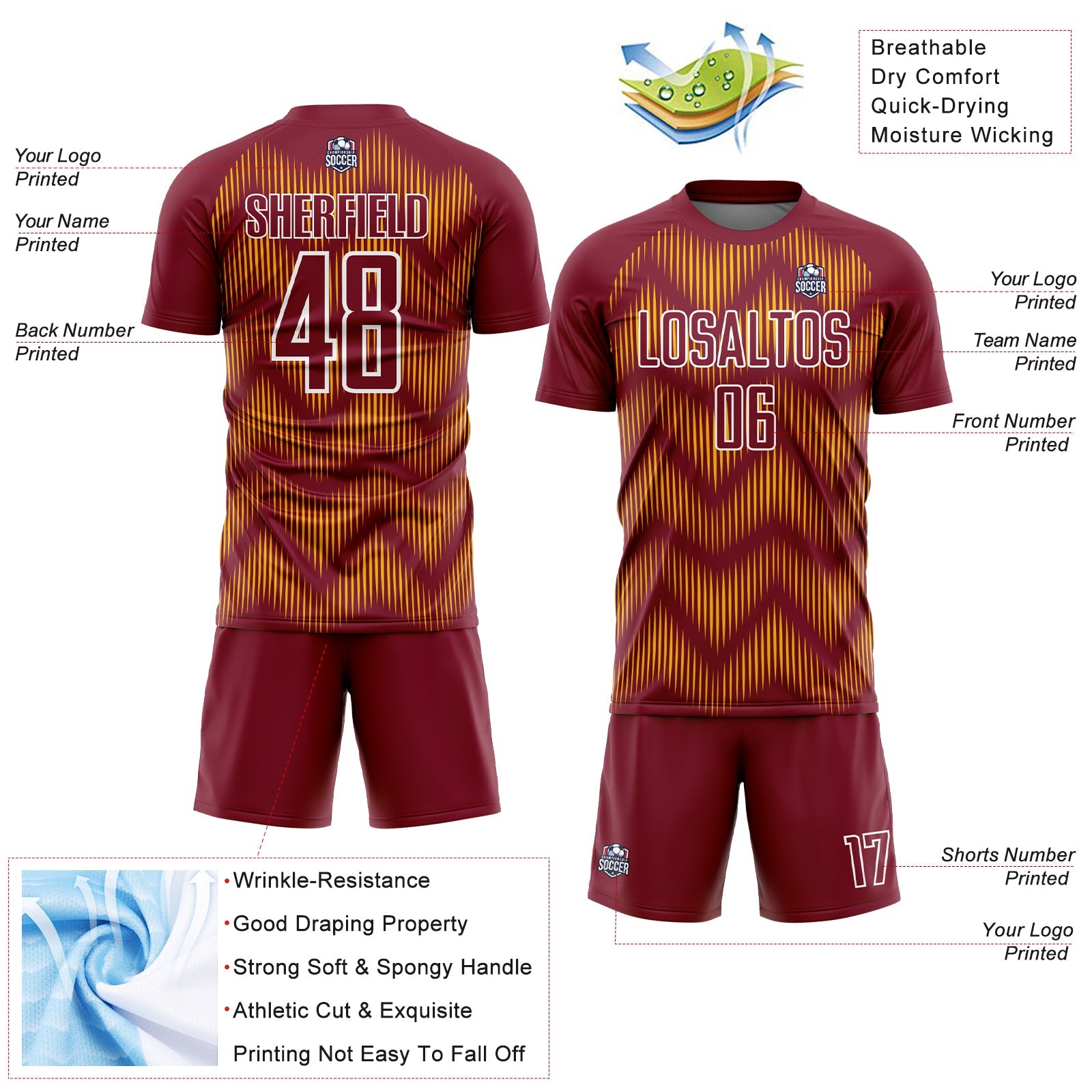 Custom Crimson Gold-White Line Sublimation Soccer Uniform Jersey view 4