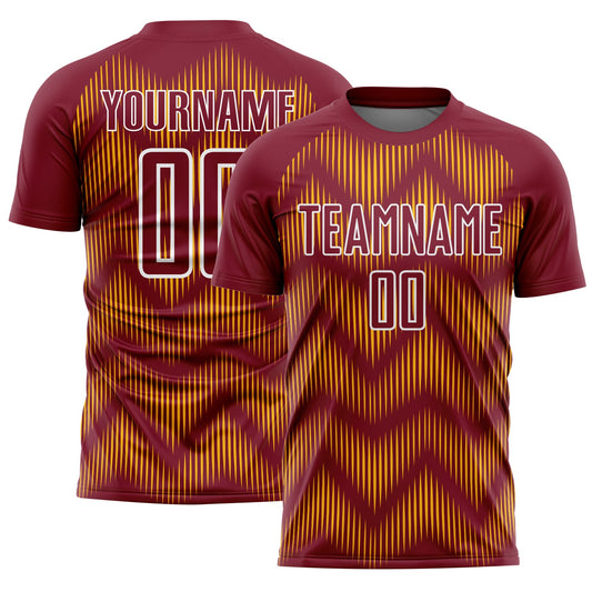 Custom Crimson Gold-White Line Sublimation Soccer Uniform Jersey - Main View