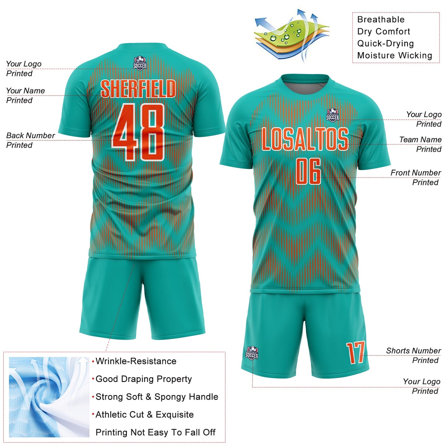 Custom Aqua Orange-White Line Sublimation Soccer Uniform Jersey view 4