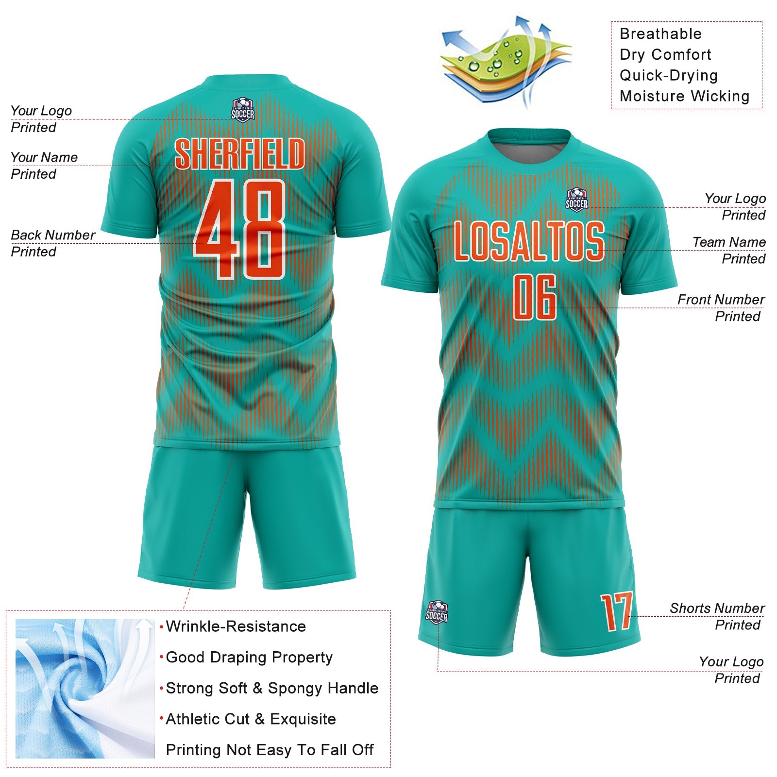 Custom Aqua Orange-White Line Sublimation Soccer Uniform Jersey view 4