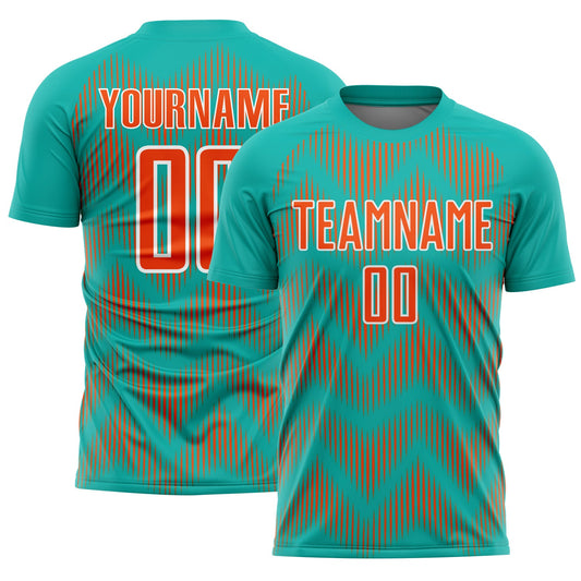 Custom Aqua Orange-White Line Sublimation Soccer Uniform Jersey - Main View