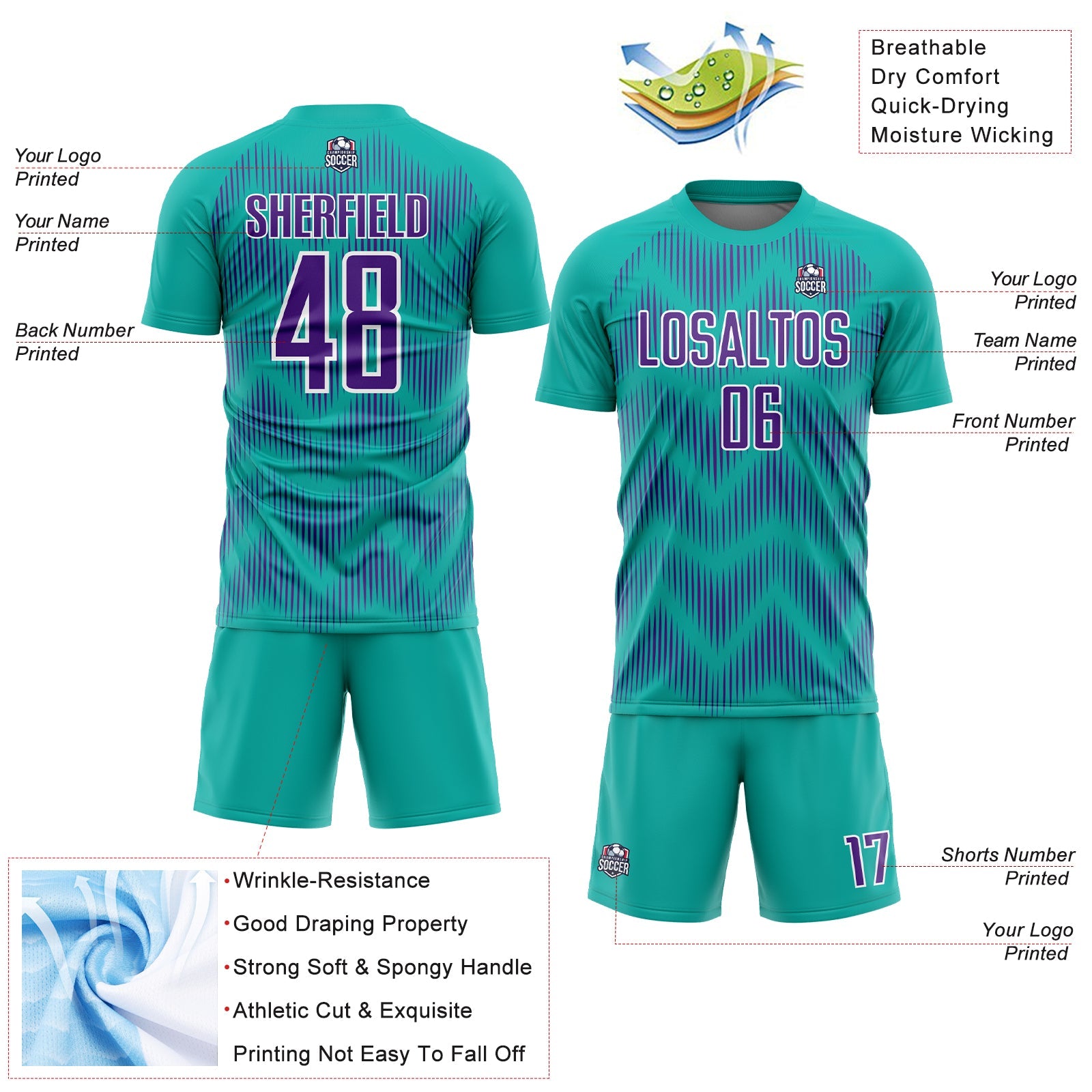 Custom Aqua Purple-White Line Sublimation Soccer Uniform Jersey view 4