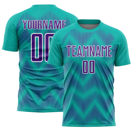 Custom Aqua Purple-White Line Sublimation Soccer Uniform Jersey - Main View