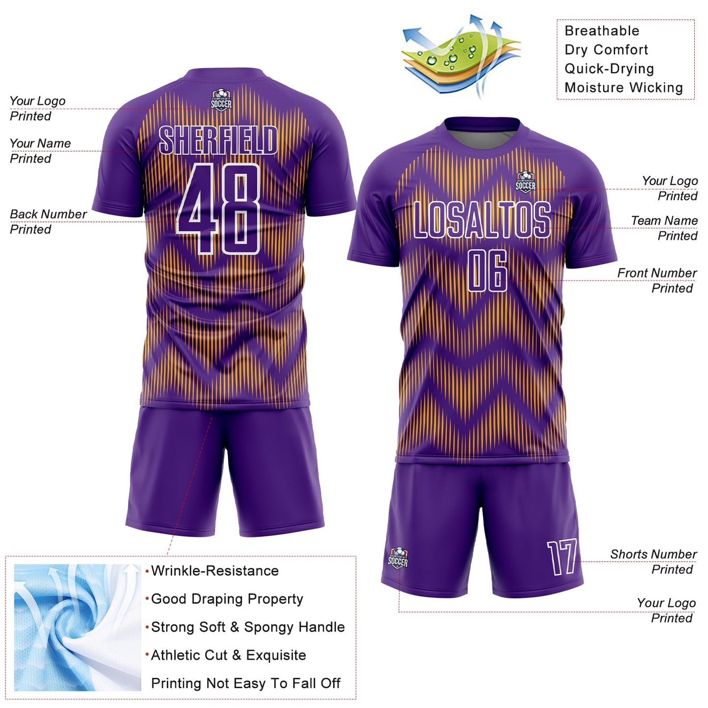 Custom Purple Gold-White Line Sublimation Soccer Uniform Jersey view 4