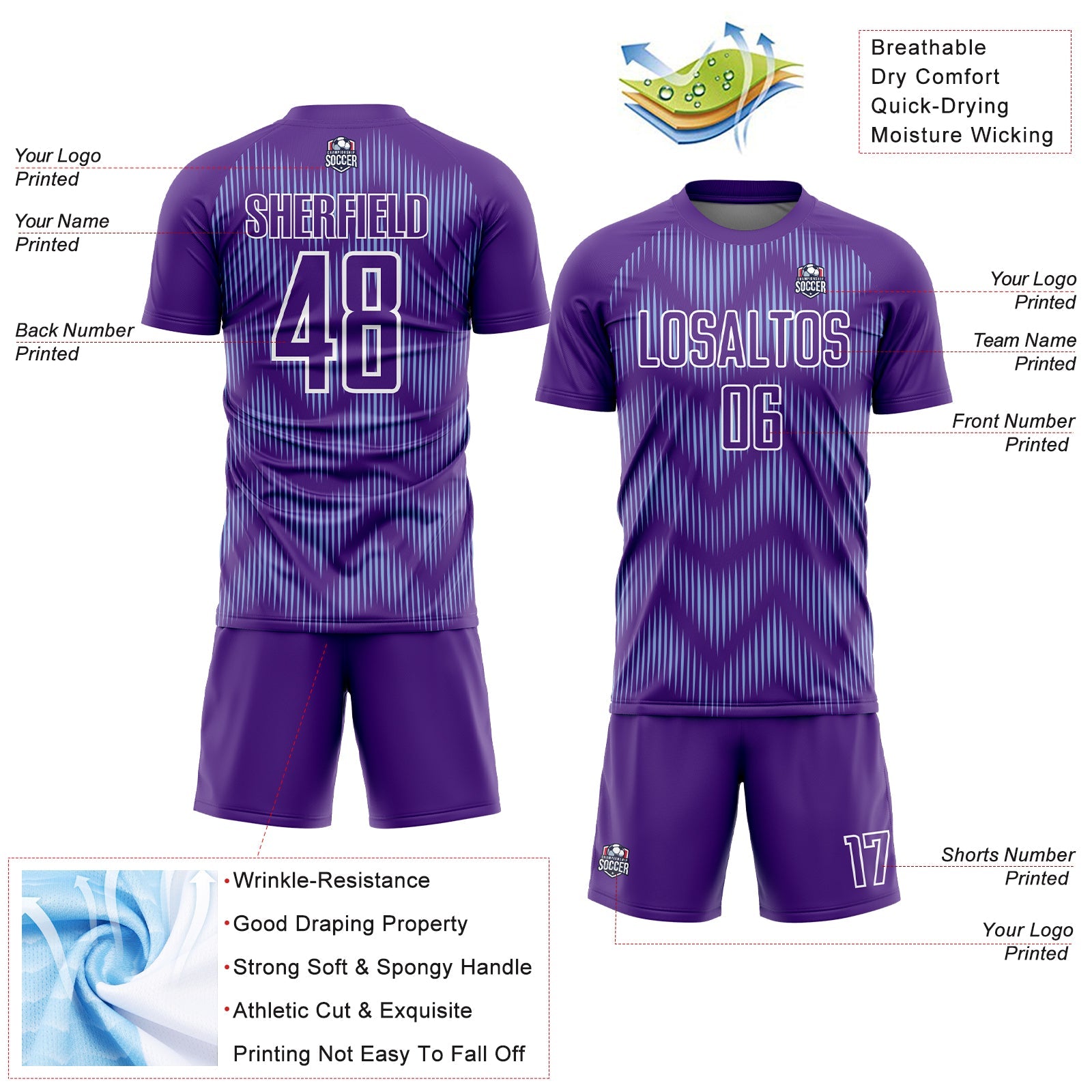 Custom Purple Light Blue-White Line Sublimation Soccer Uniform Jersey view 4