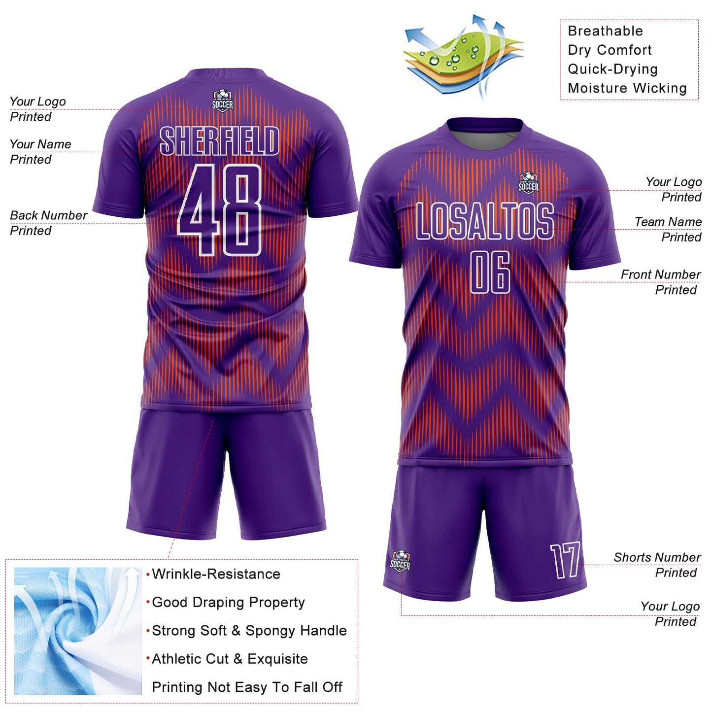 Custom Purple Orange-White Line Sublimation Soccer Uniform Jersey view 4