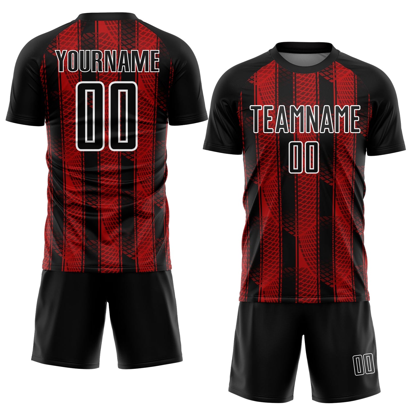 Custom Black Red-White Abstract Network Sublimation Soccer Uniform Jersey view 2
