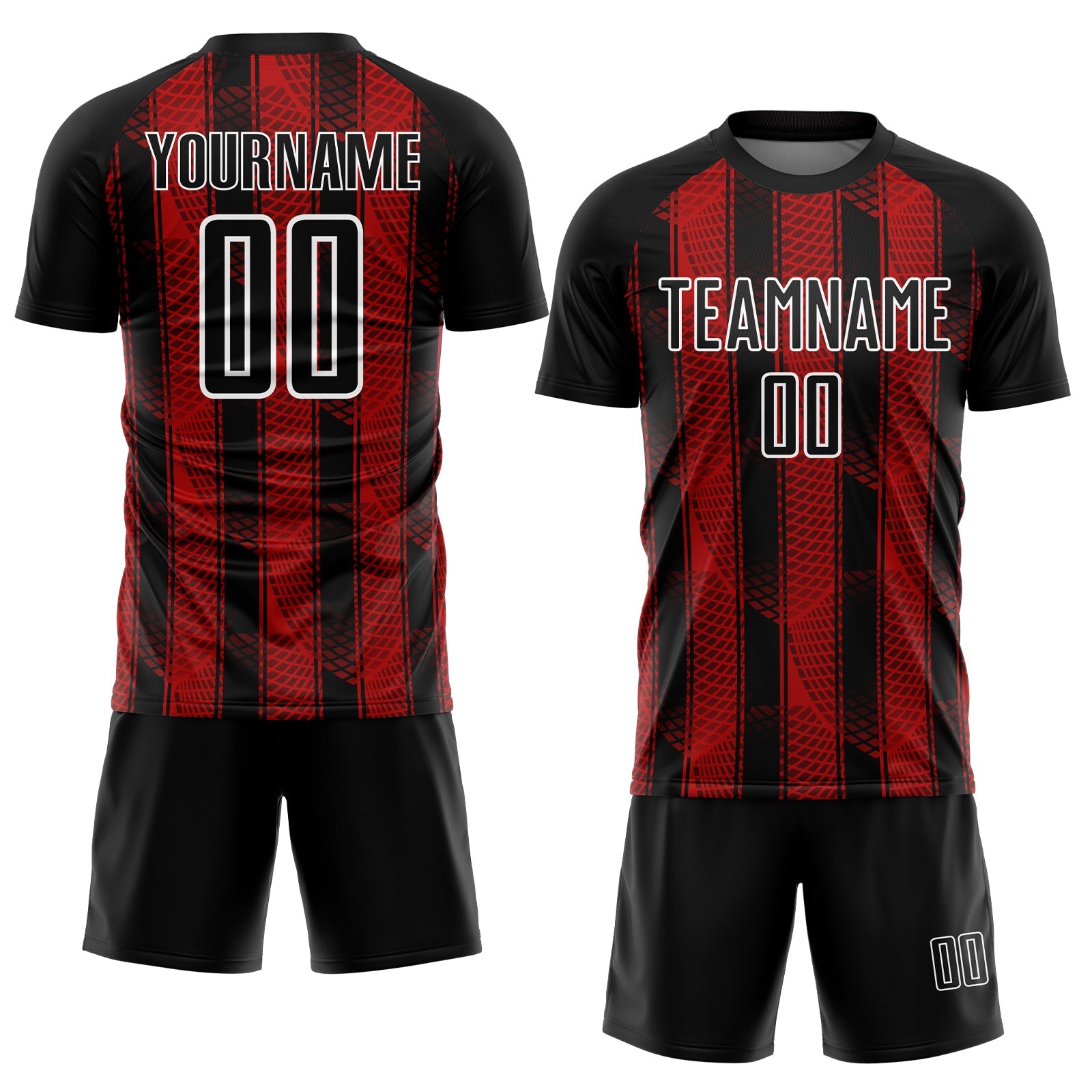 Custom Black Red-White Abstract Network Sublimation Soccer Uniform Jersey view 2