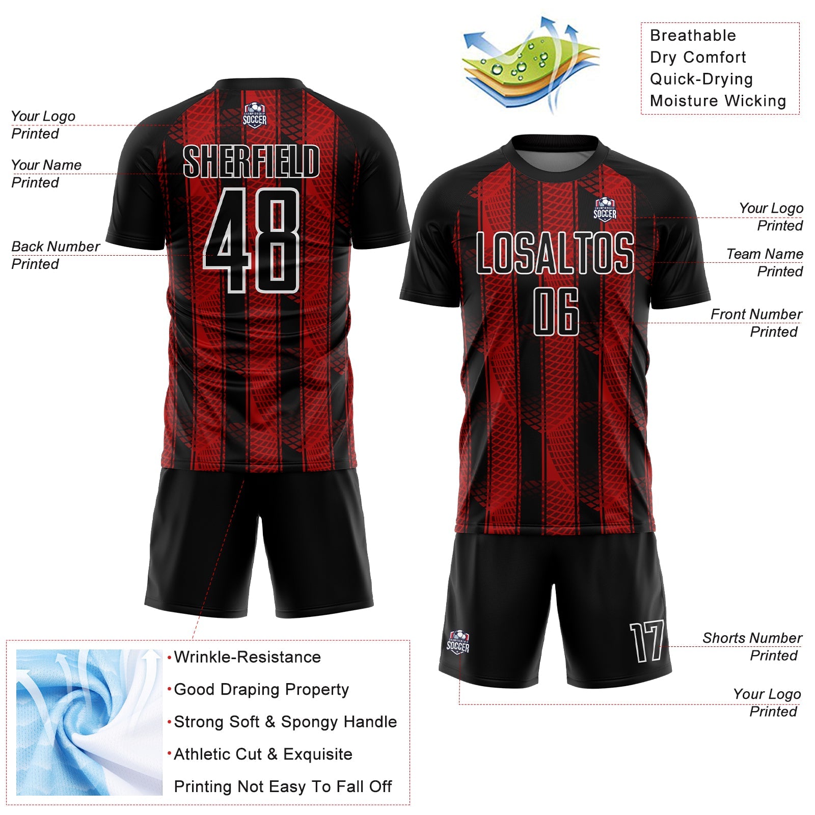 Custom Black Red-White Abstract Network Sublimation Soccer Uniform Jersey view 4
