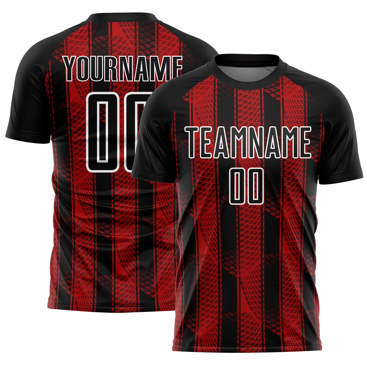 Custom Black Red-White Abstract Network Sublimation Soccer Uniform Jersey - Main View