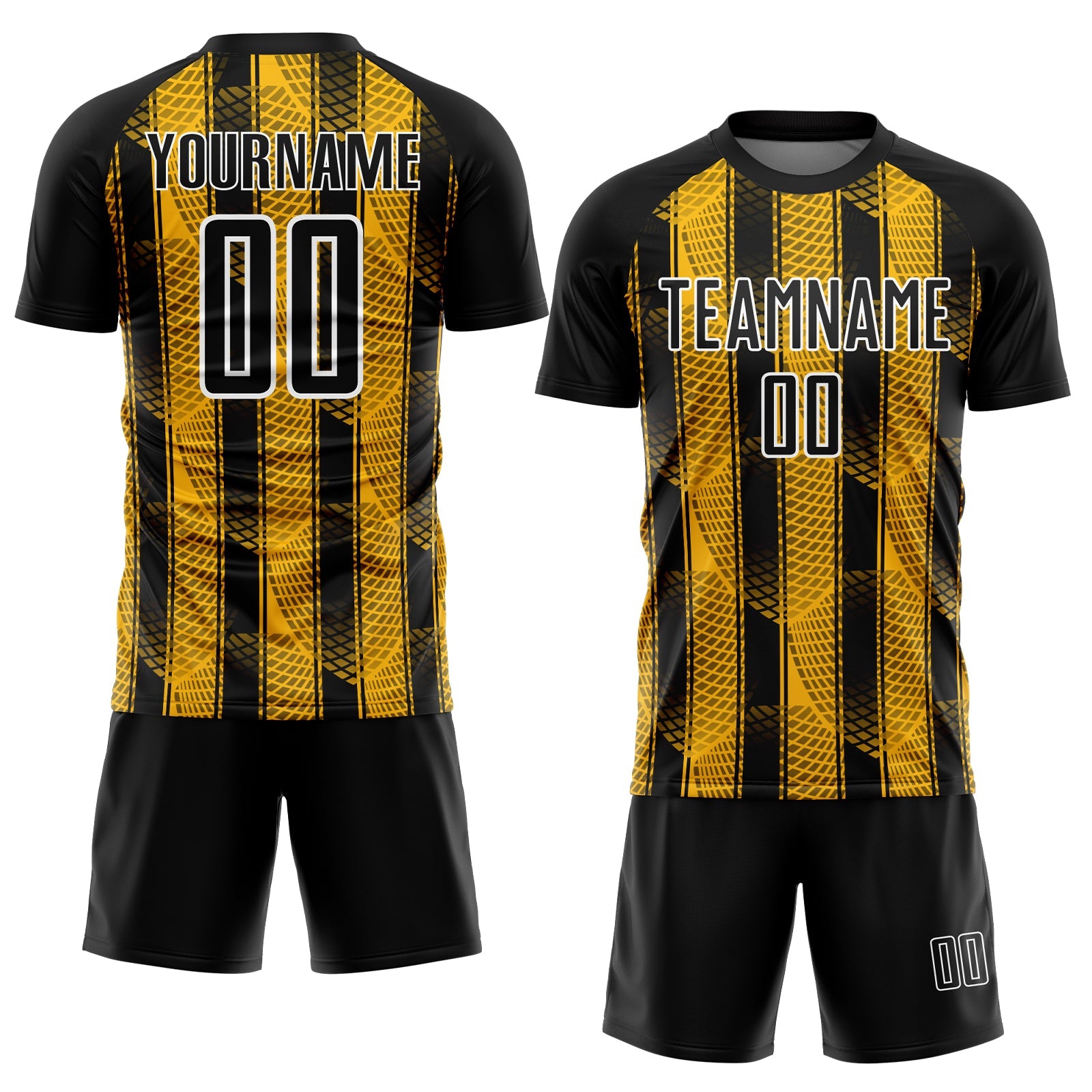 Custom Black Gold-White Abstract Network Sublimation Soccer Uniform Jersey view 2