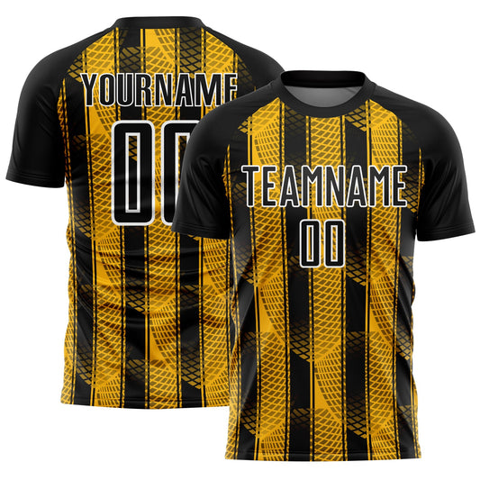 Custom Black Gold-White Abstract Network Sublimation Soccer Uniform Jersey - Main View