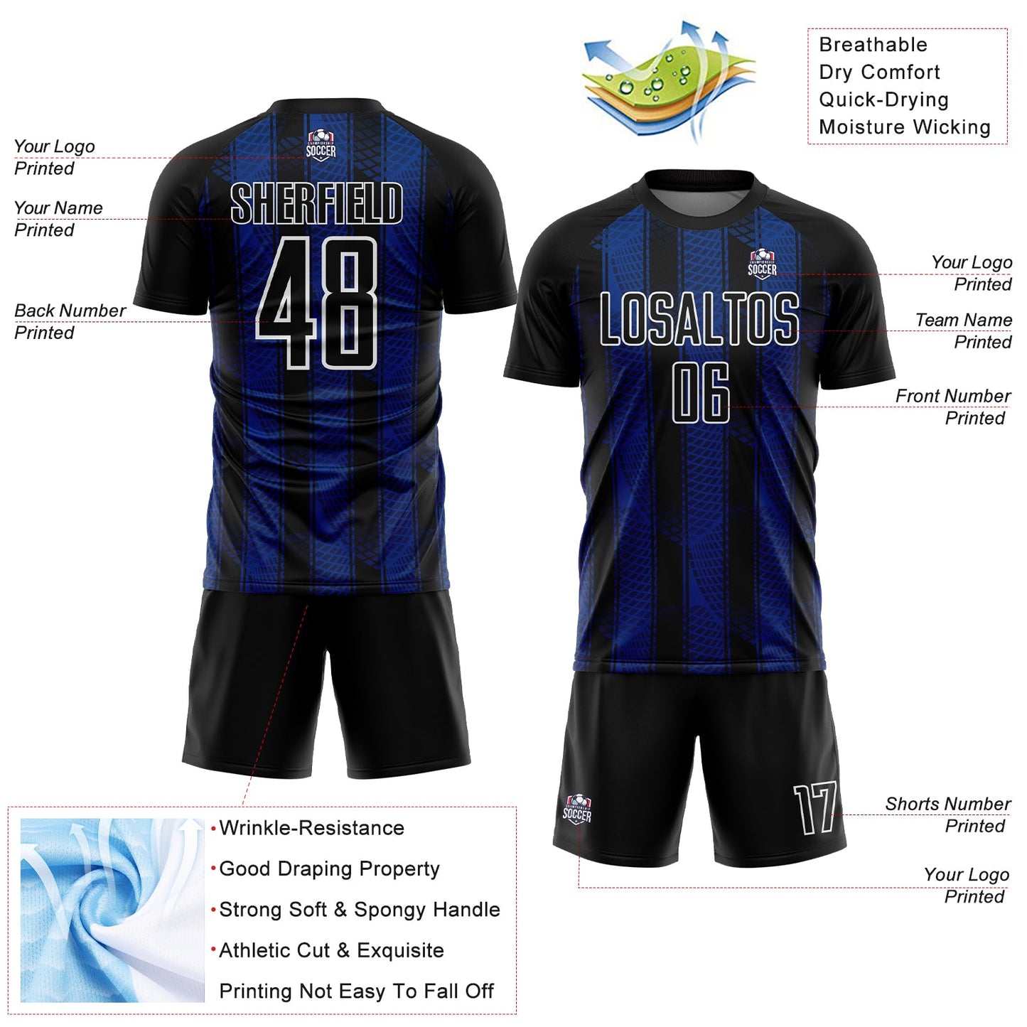 Custom Black Royal-White Abstract Network Sublimation Soccer Uniform Jersey view 4