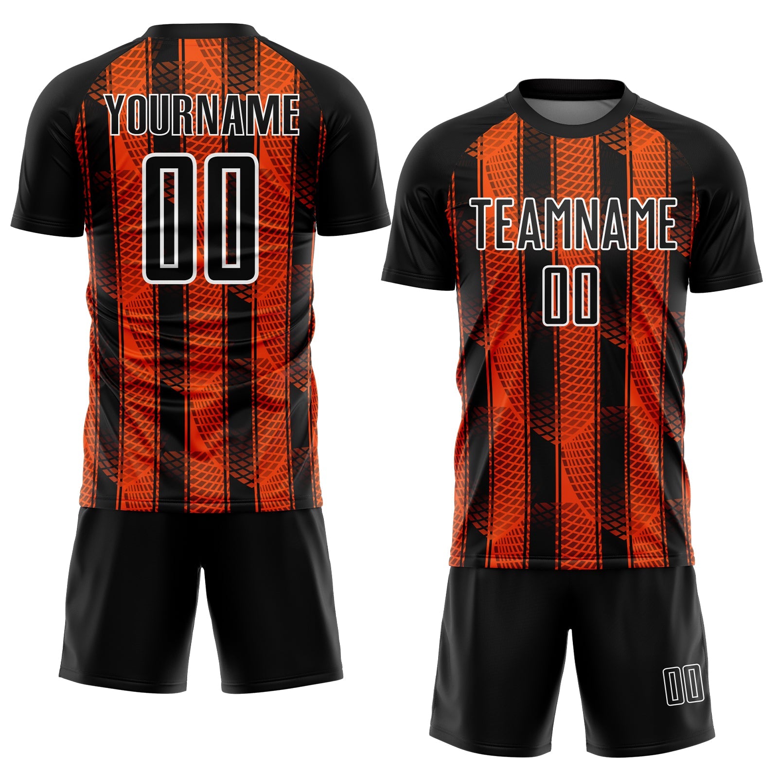 Custom Black Orange-White Abstract Network Sublimation Soccer Uniform Jersey view 2