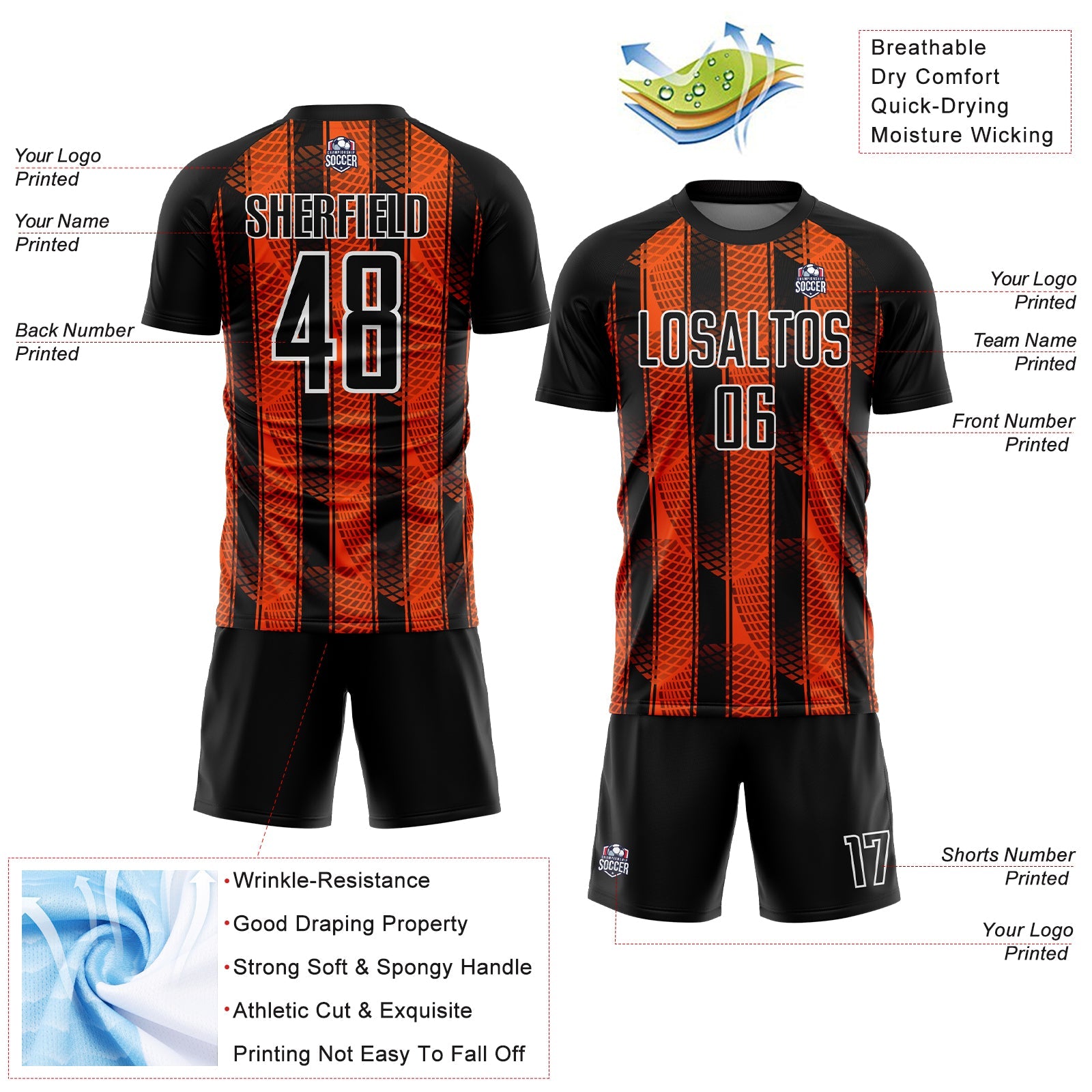 Custom Black Orange-White Abstract Network Sublimation Soccer Uniform Jersey view 4