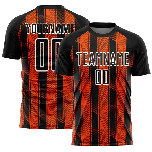 Custom Black Orange-White Abstract Network Sublimation Soccer Uniform Jersey - Main View