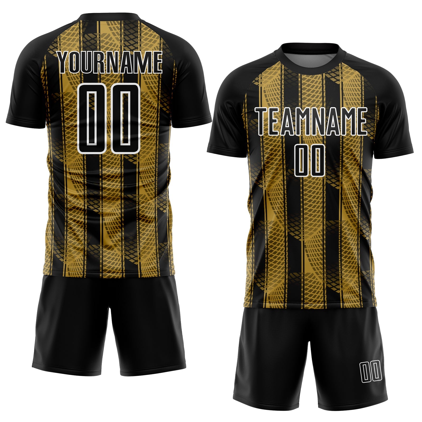 Custom Black Old Gold-White Abstract Network Sublimation Soccer Uniform Jersey view 2