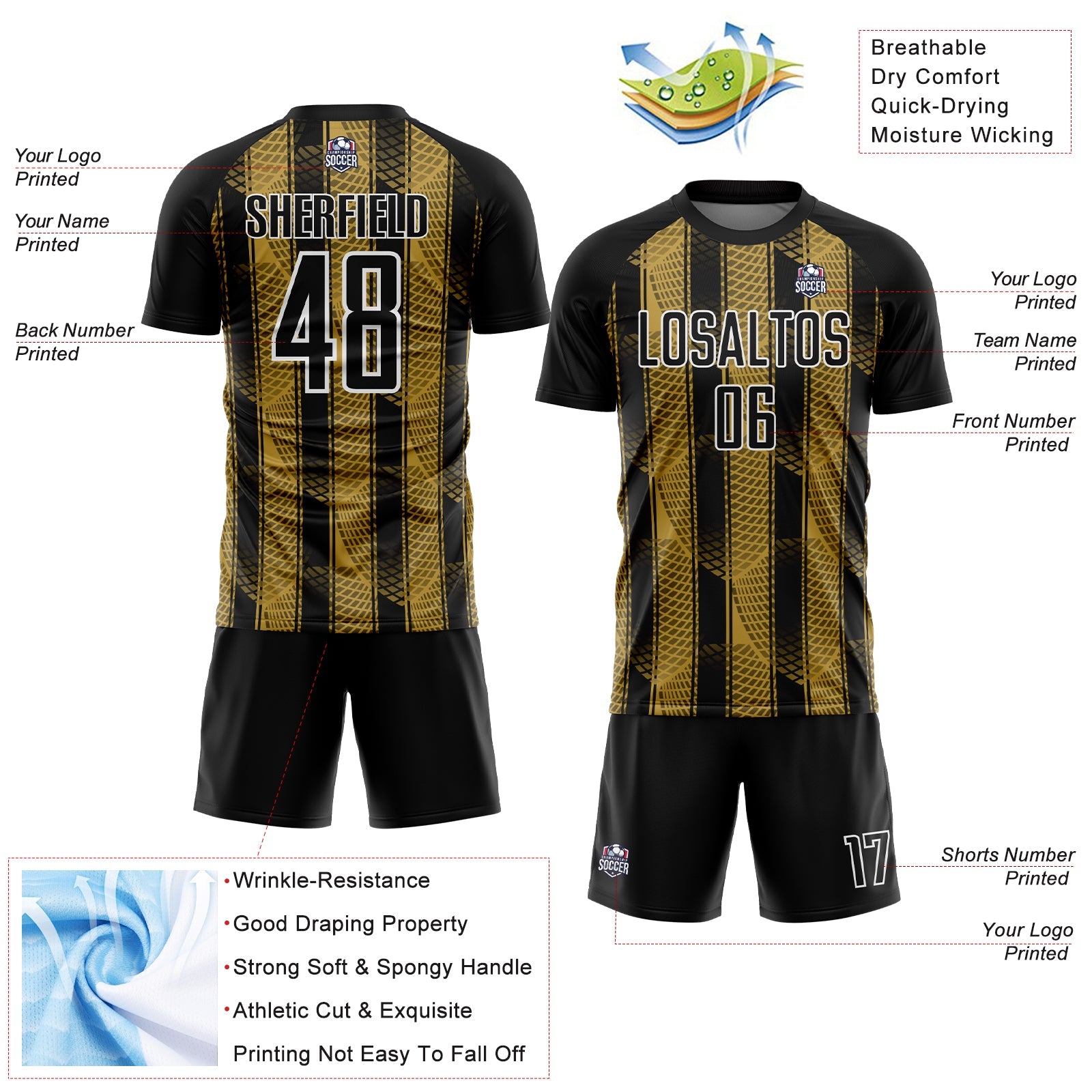 Custom Black Old Gold-White Abstract Network Sublimation Soccer Uniform Jersey view 4