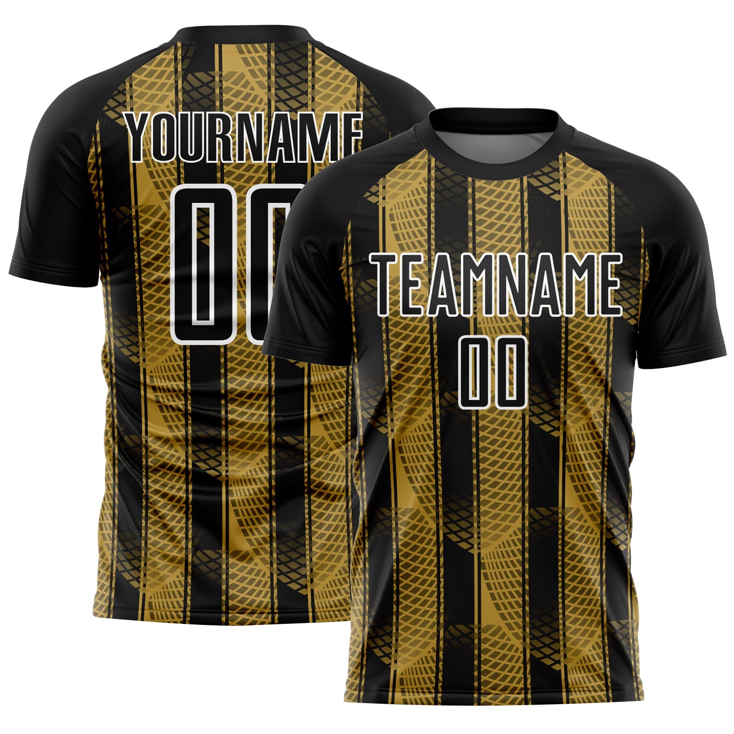 Custom Black Old Gold-White Abstract Network Sublimation Soccer Uniform Jersey - Main View