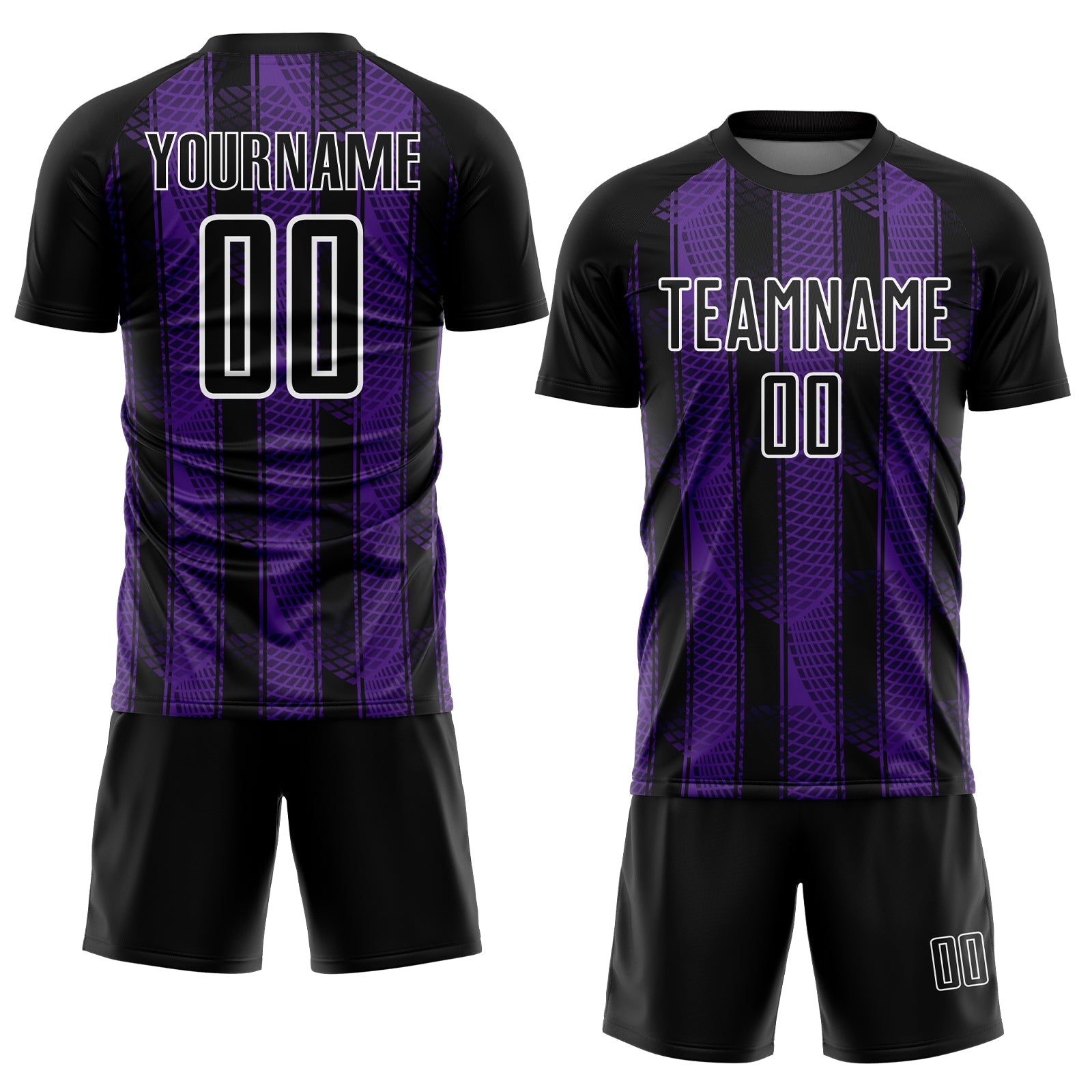 Custom Black Purple-White Abstract Network Sublimation Soccer Uniform Jersey view 2