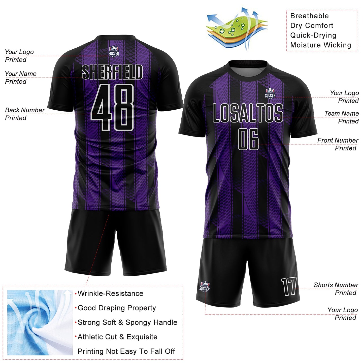 Custom Black Purple-White Abstract Network Sublimation Soccer Uniform Jersey view 4