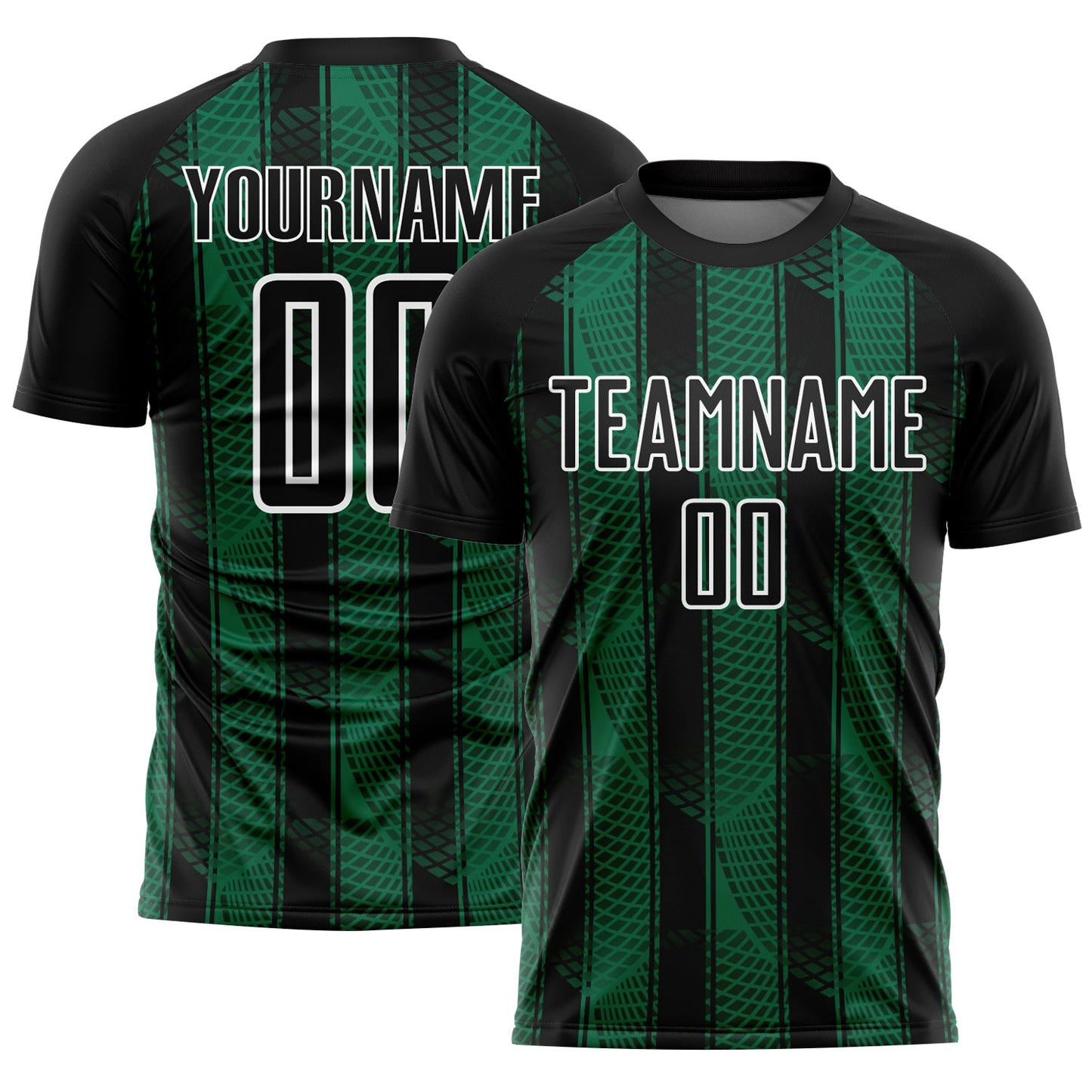 Custom Black Kelly Green-White Abstract Network Sublimation Soccer Uniform Jersey - Main View
