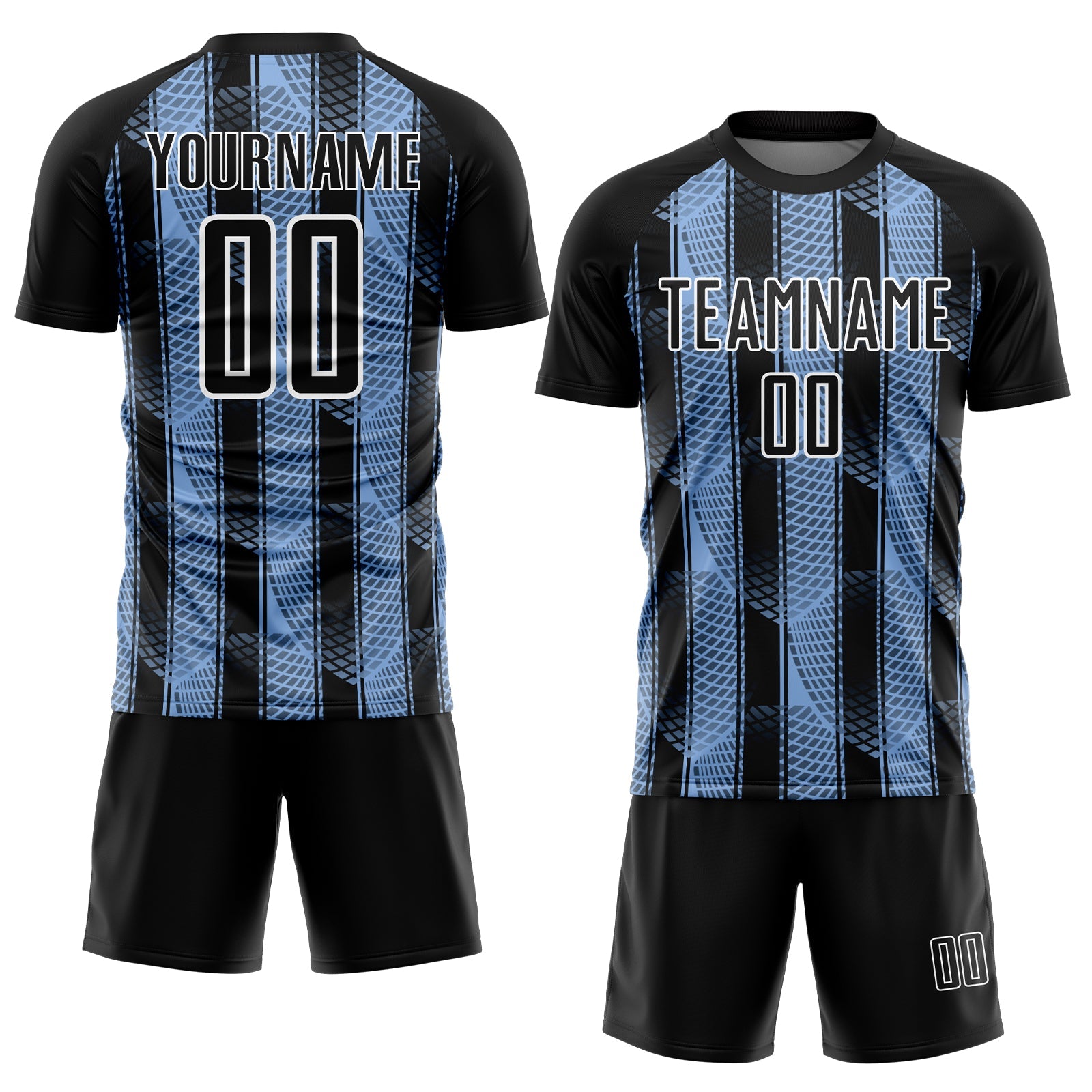 Custom Black Light Blue-White Abstract Network Sublimation Soccer Uniform Jersey view 2