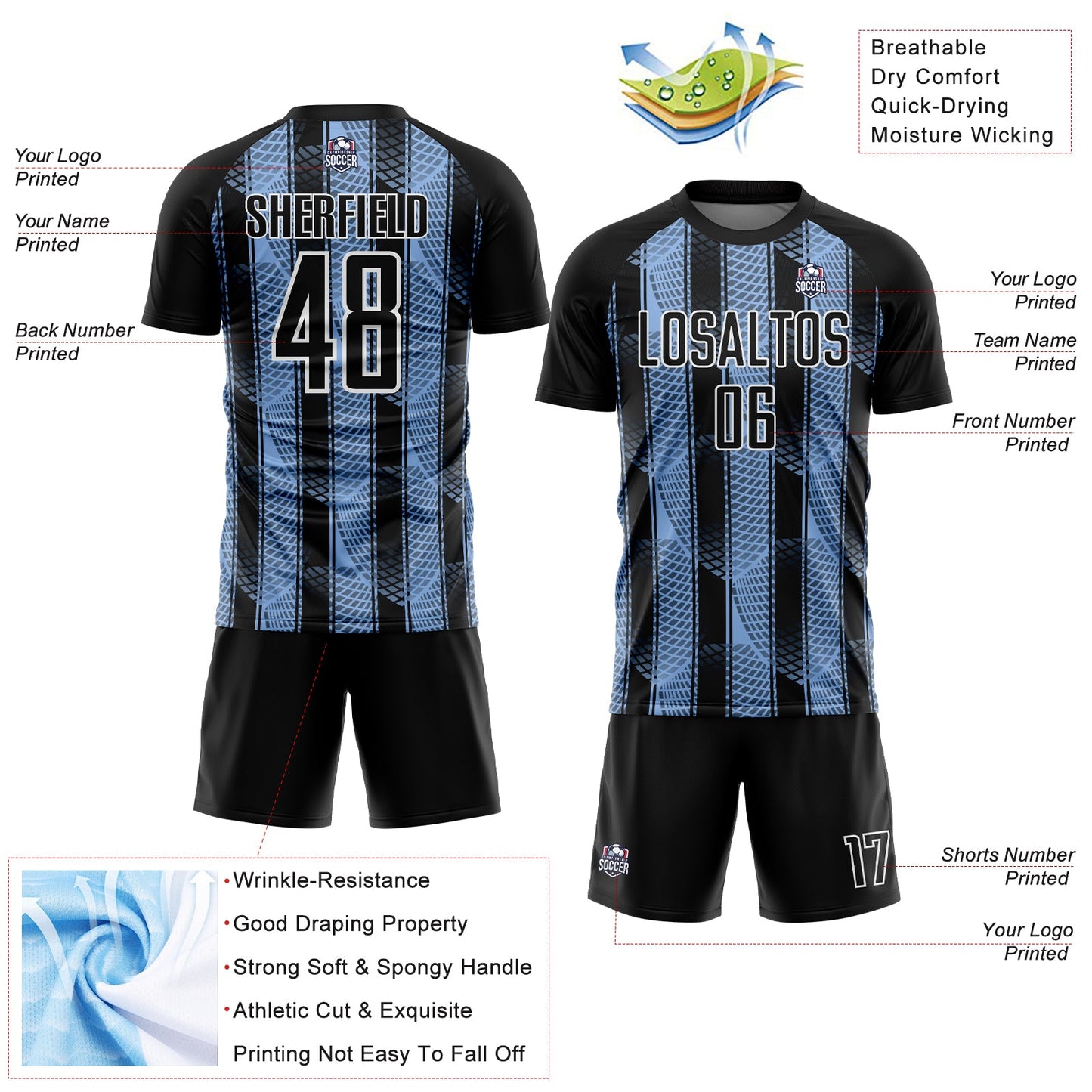 Custom Black Light Blue-White Abstract Network Sublimation Soccer Uniform Jersey view 4