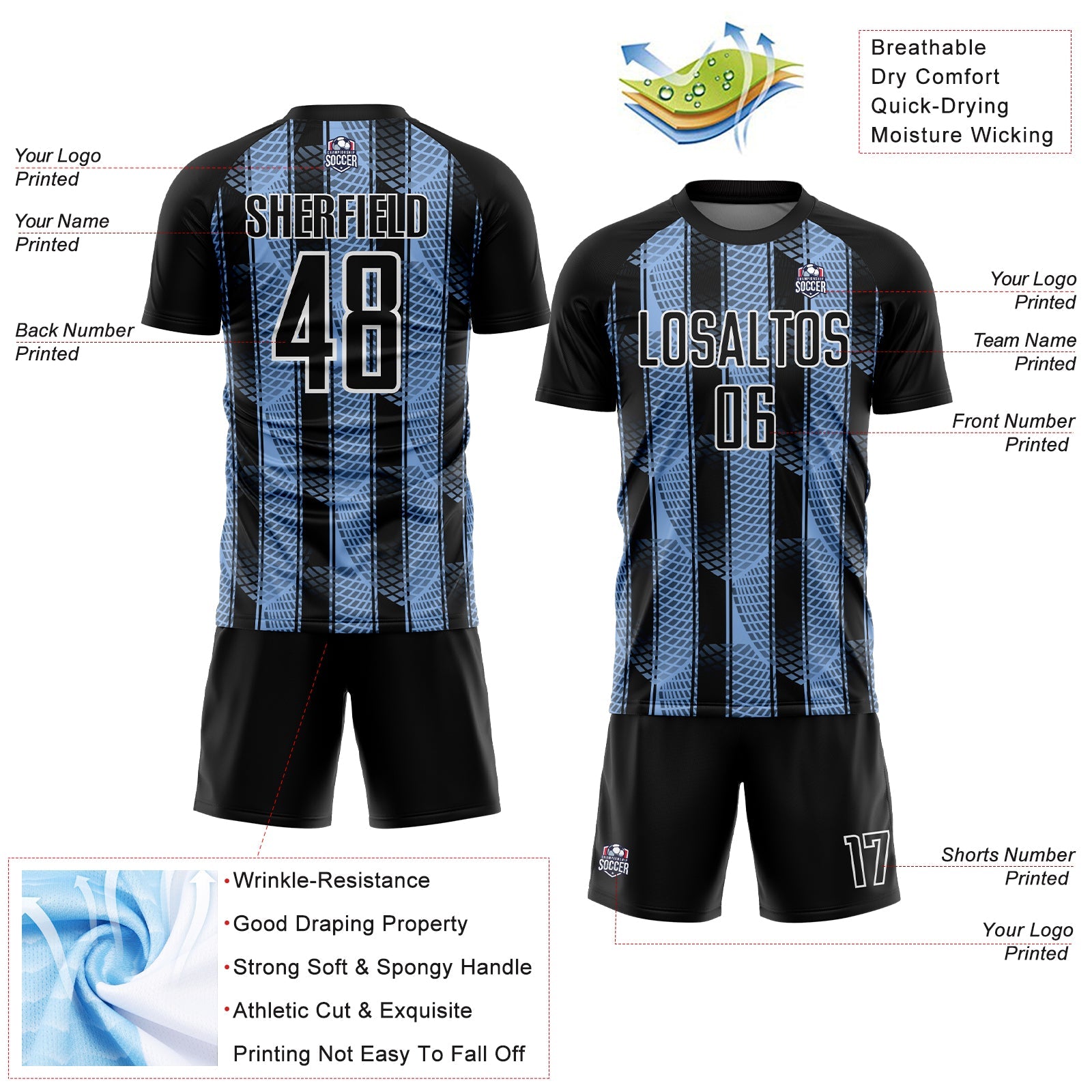 Custom Black Light Blue-White Abstract Network Sublimation Soccer Uniform Jersey view 4
