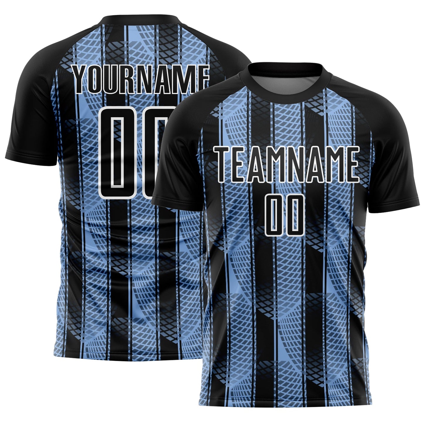 Custom Black Light Blue-White Abstract Network Sublimation Soccer Uniform Jersey - Main View