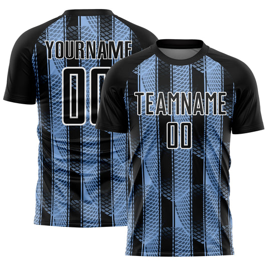 Custom Black Light Blue-White Abstract Network Sublimation Soccer Uniform Jersey - Main View
