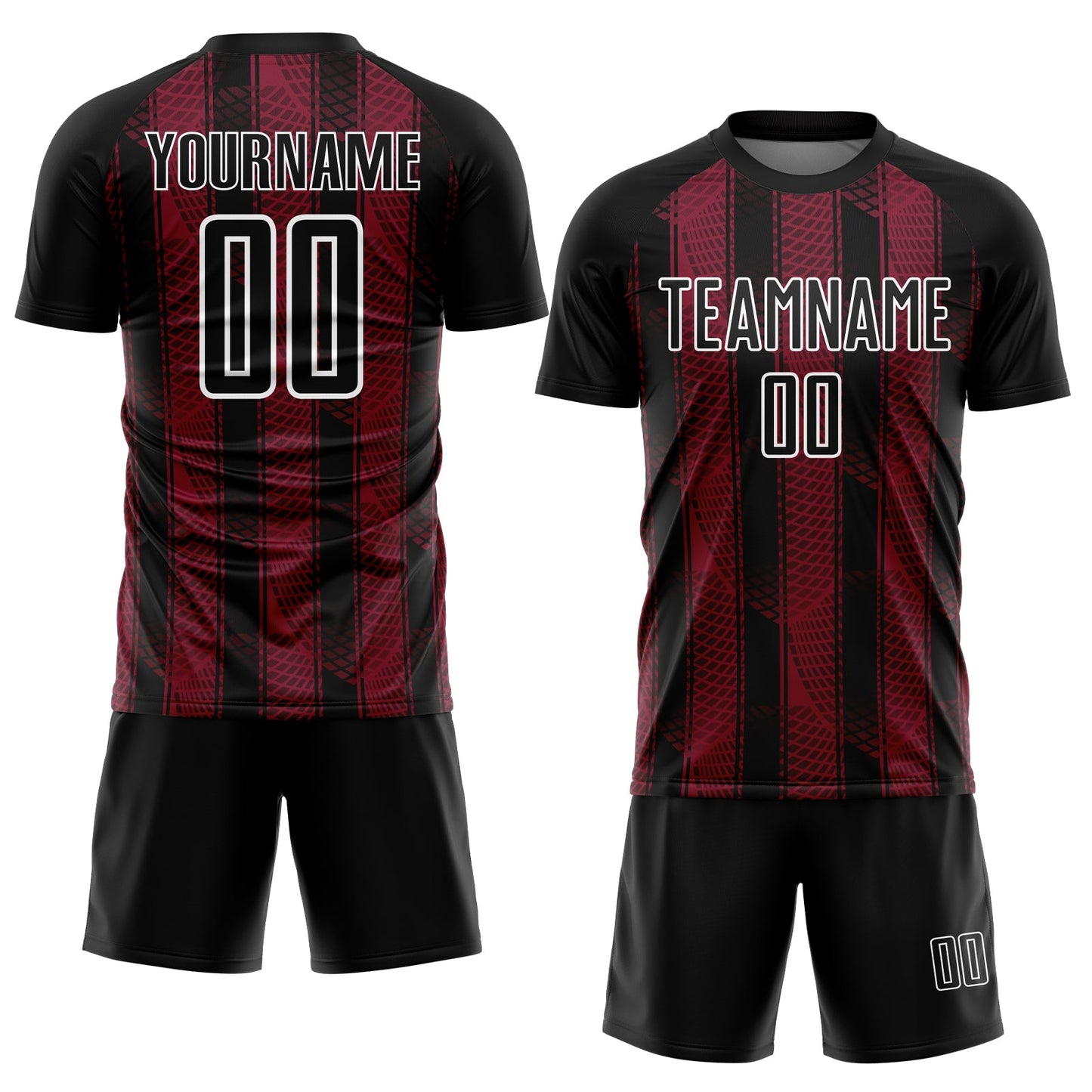 Custom Black Crimson-White Abstract Network Sublimation Soccer Uniform Jersey view 2